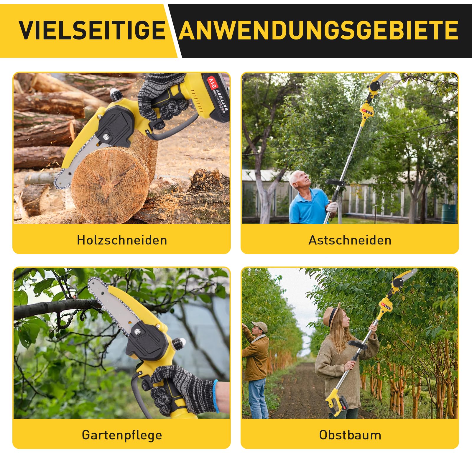 2 en 1 Tronconneuse Télescopique Elagueuse sur Perche sans Fil, Mini Tronconneuse à Batterie 4000mAh, Coupe Branche Electrique avec Système de Lubrification et Tête Pivotante à 90° pour Jardin