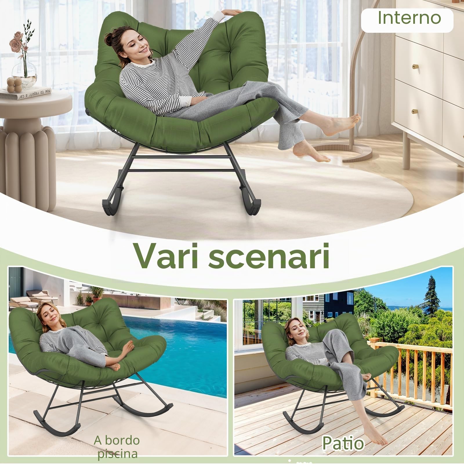 GIANTEX Sedia a dondolo Oversize, Sedia Papasan a forma di uovo con cuscino spesso, poltrona a dondolo per interni ed esterni, carico 205 kg, per giardino, terrazza, grigio (Verde)