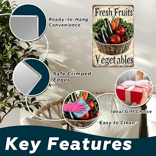 Miniatura 3 de Letrero de lata de frutas y verduras frescas, divertido plato de granja de verduras y verduras, decoración de pared retro para el hogar, cocina, 12