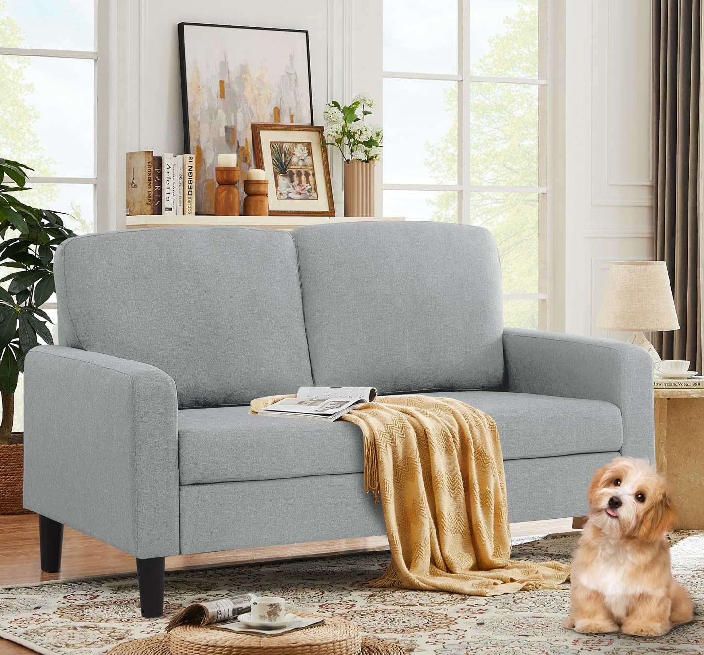 asunflower Small Loveseat Sofa 52Inch Couch for Small Spaces, Comfy Linen Fabric 2 Seater Sofa Office Couch Tool-Free Assembly Love Seats for Bedroom,Drom Room,Kid's Room,Light Grey