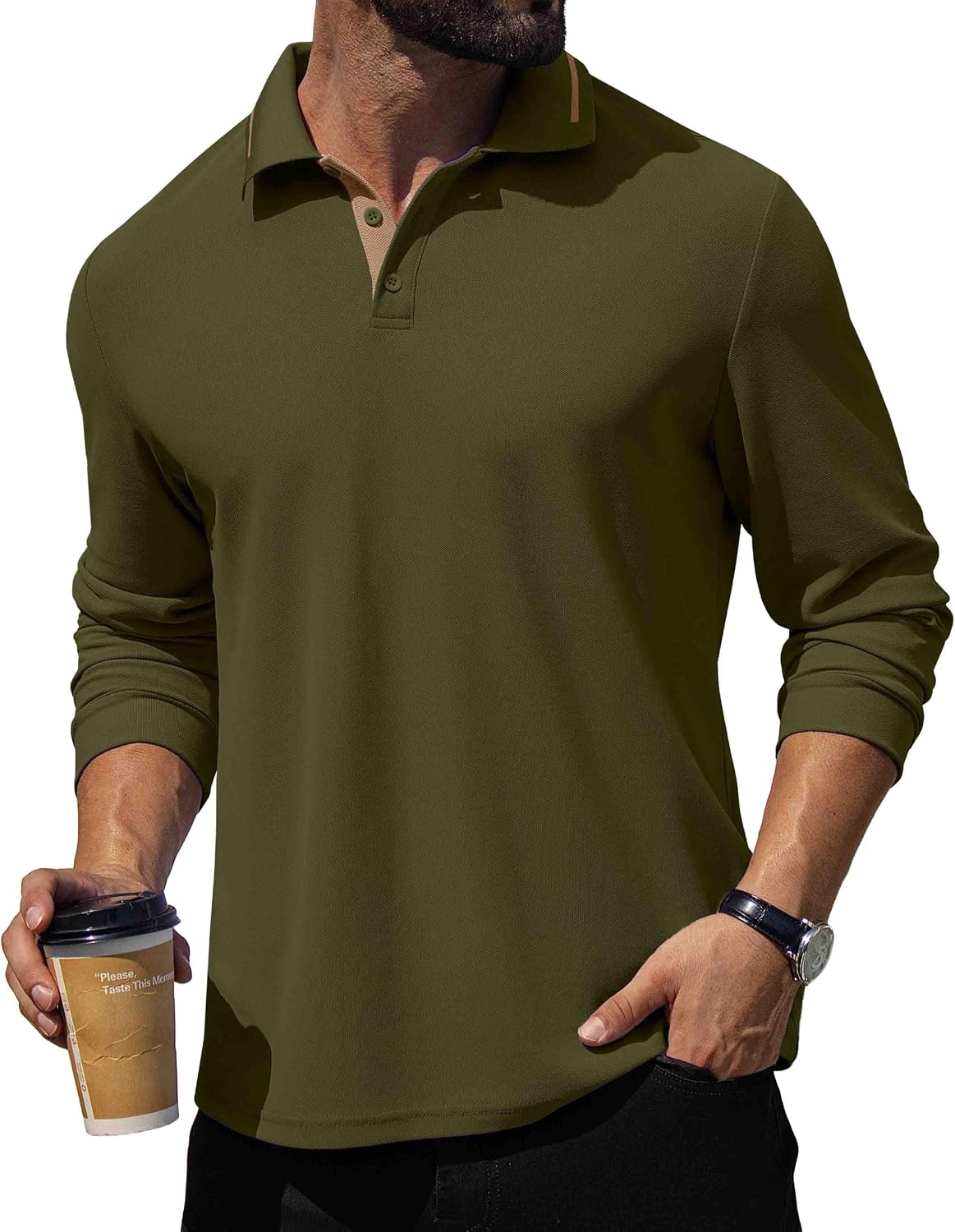 Askdeer Men's Polo Shirts Long Sleeve Classic Casual Pique Jersey Golf Tee image 2