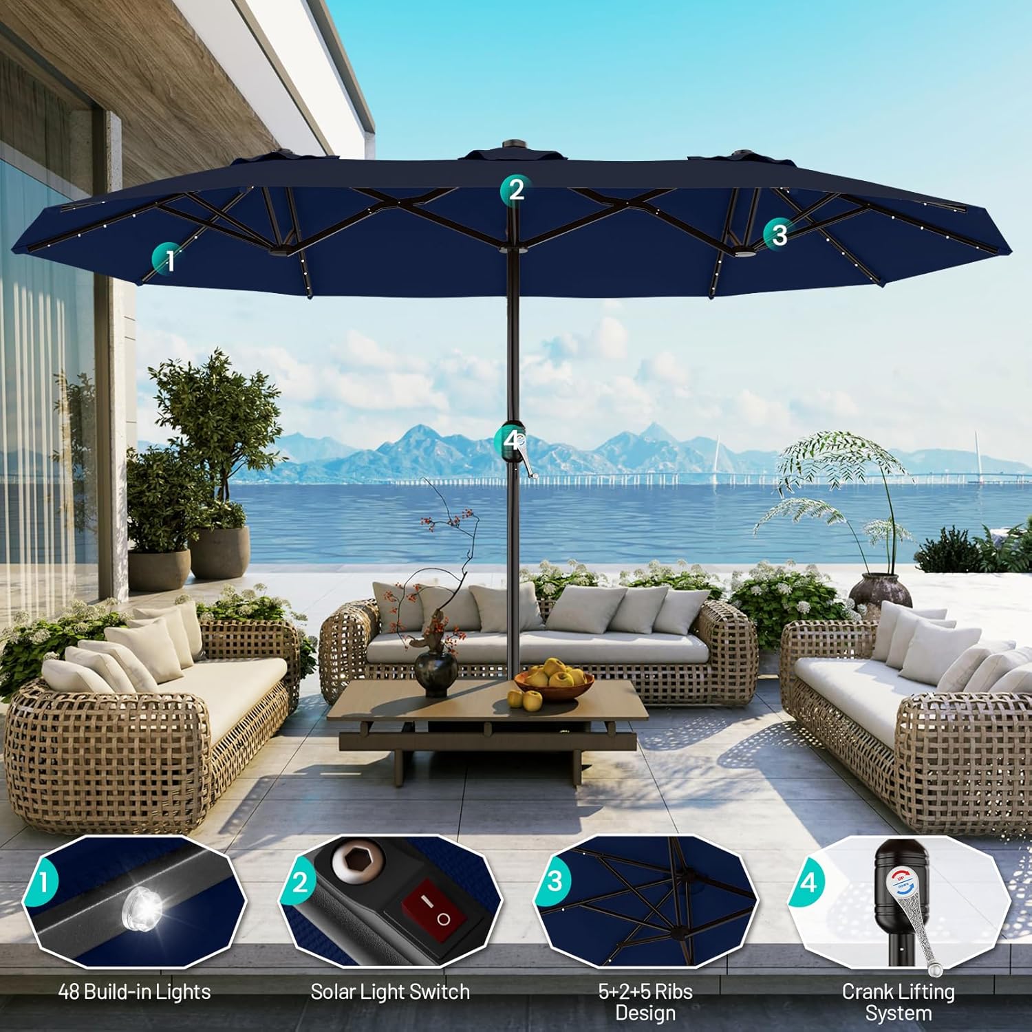 AreShark 15FT Patio Umbrella with Solar Lights, Double Sided Outdoor Table Umbrellas with Crank, Large Rectangular Market Umbrella for Porch, Lawn, Pool, Backyard, Navy Navy 9x15 Ft