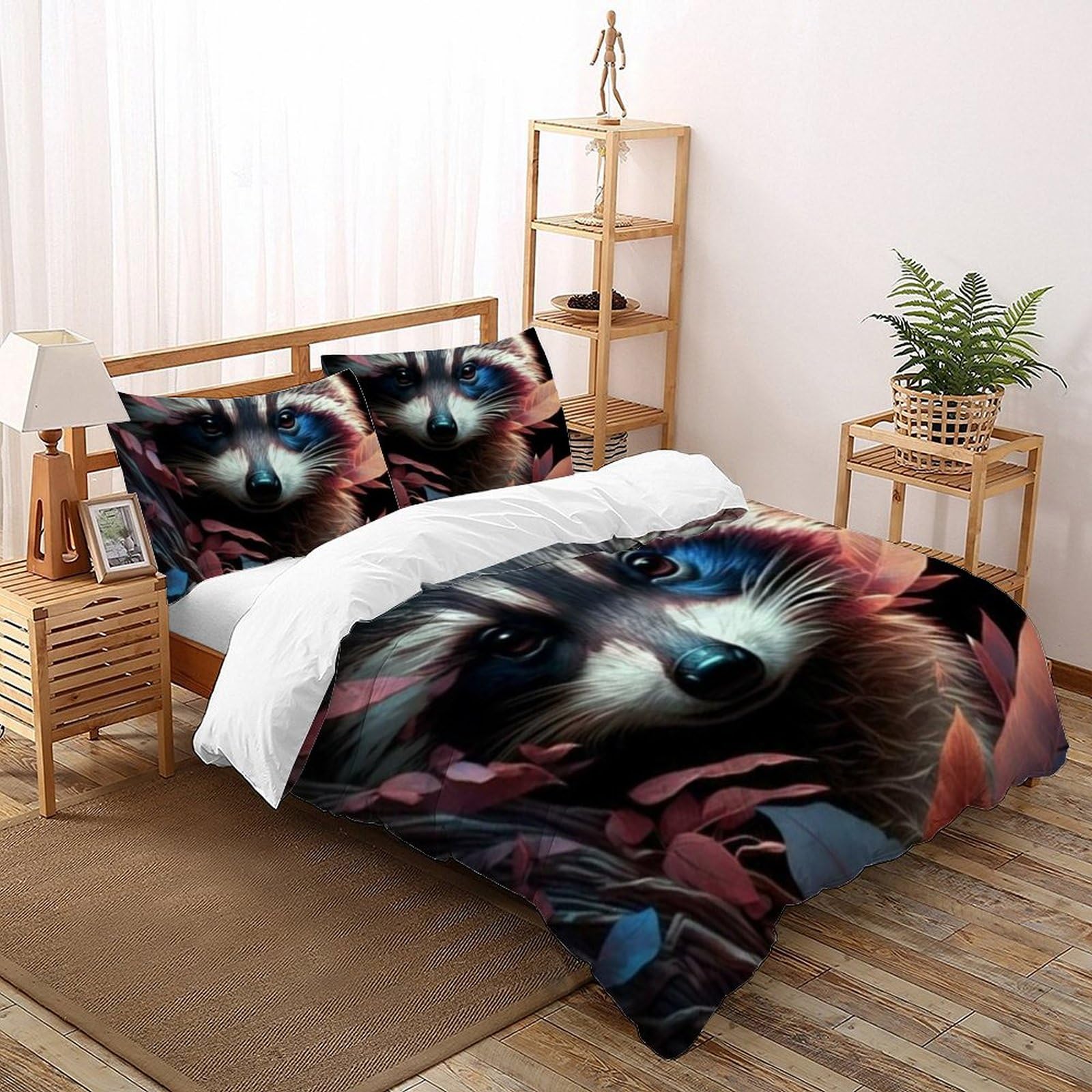 Housse de couette imprimé 3D raton laveur avec fermeture éclair pratique
