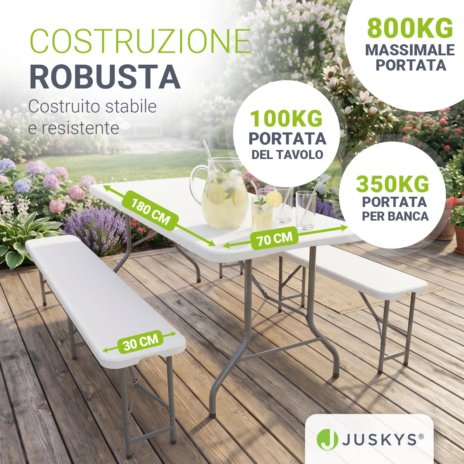 Juskys Set Tavolo e Panche da Birreria Bayreuth 3 pezzi & pieghevole - 180 x 70 x 74 cm - 2 panche & tavolo da birra - Set arredo da giardino, set per tendone da festa, set da campeggio