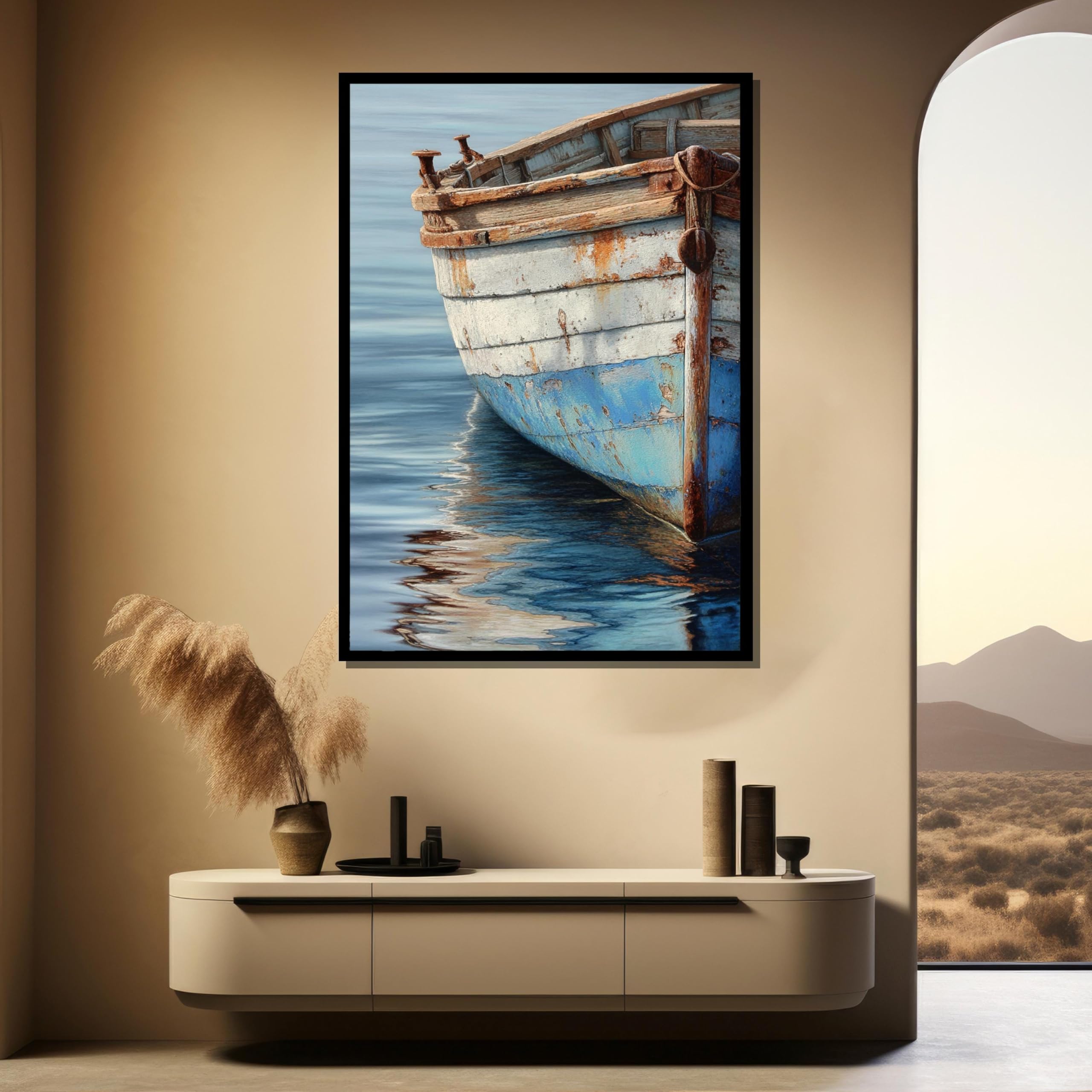 YUSUZHU Rustic Coastal Boat Hull With Water Reflection. Nautical Farmhouse Wall Art. Canvas Painting Ready To Hang, Boho Decor(80x120cm/Frameless)