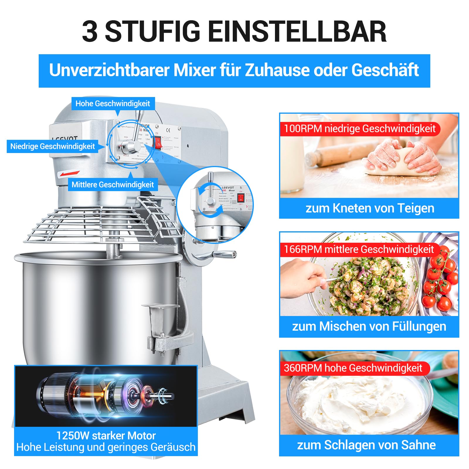 LEEVOT Impastatrice planetaria commerciale da 30L, impastatrice commerciale regolabile a 3 velocità da 1250W, impastatrice elettrica verticale per impieghi gravosi con vasca in acciaio inox per cucin