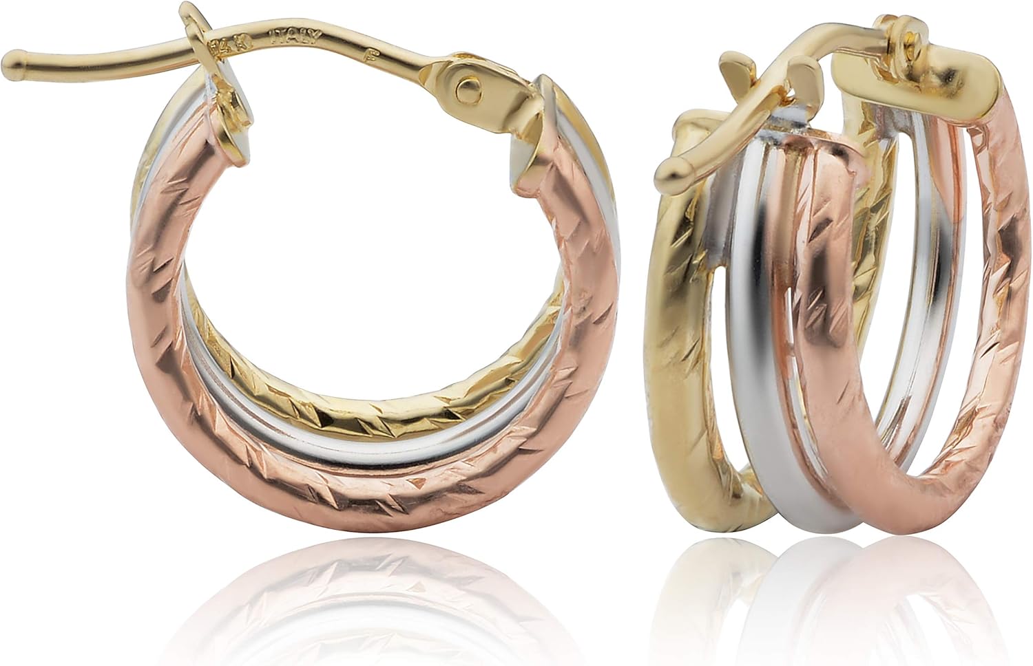 Kooljewelry 14k Tricolor Gold Small Diamond-cut Triple Hoop Earrings