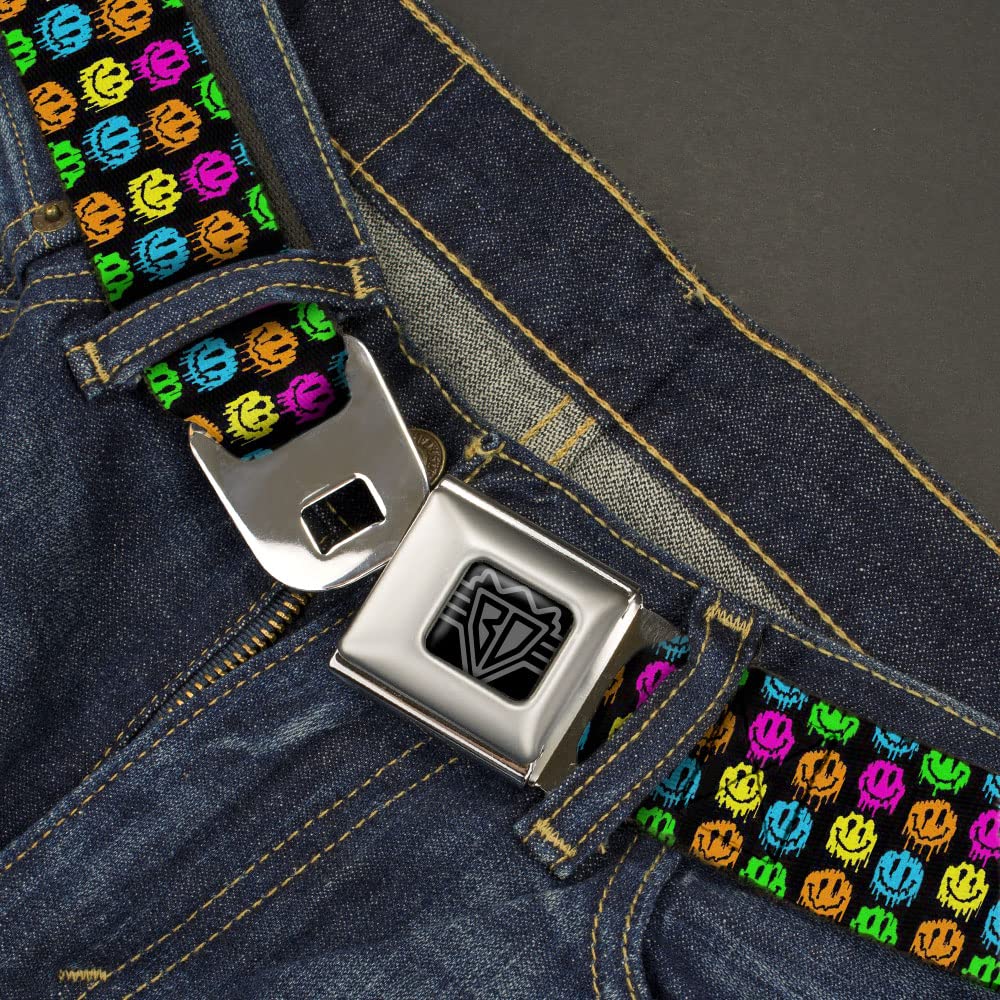 Buckle-Down Belt, Seatbelt Buckle Belt, Smiley Faces Melted Mini Repeat Black Multi Neon, 24 to 38 Inches