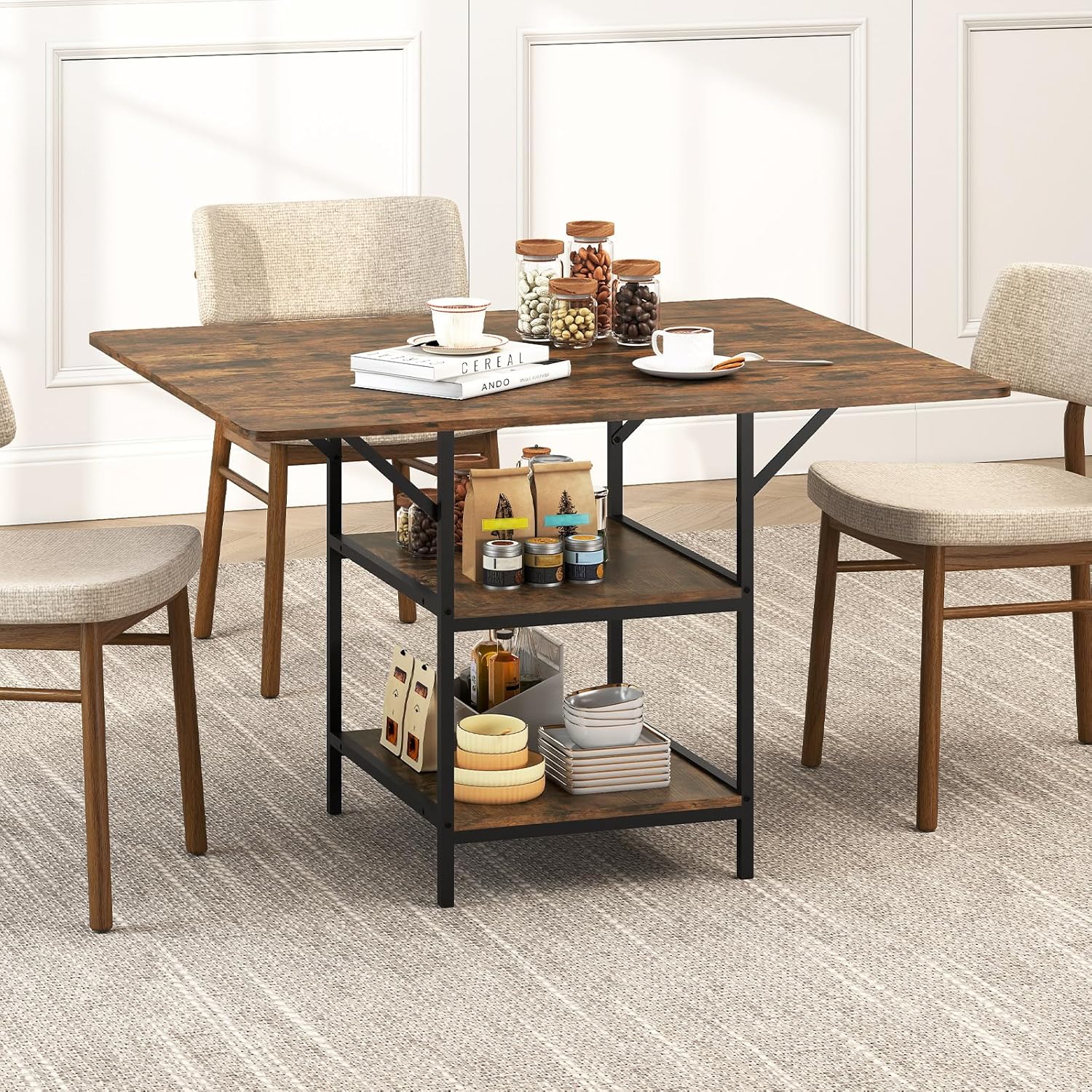 GOFLAME Dining Table for 4-6 People, 47” Rectangular Dinner Table with 2-Tier Storage Shelves and Metal Legs, Space-saving Farmhouse Kitchen Table for Dining Room, Living Room, Apartment, Rustic Brown