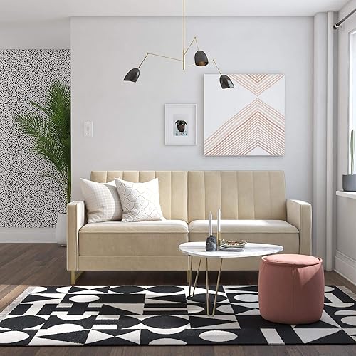 Miniatura 2 de Novogratz Skylar - Sofá cama futón en tela de terciopelo, sofá cama de 77 pulgadas con tapicería industrial moderna, patas de metal negro, marfil