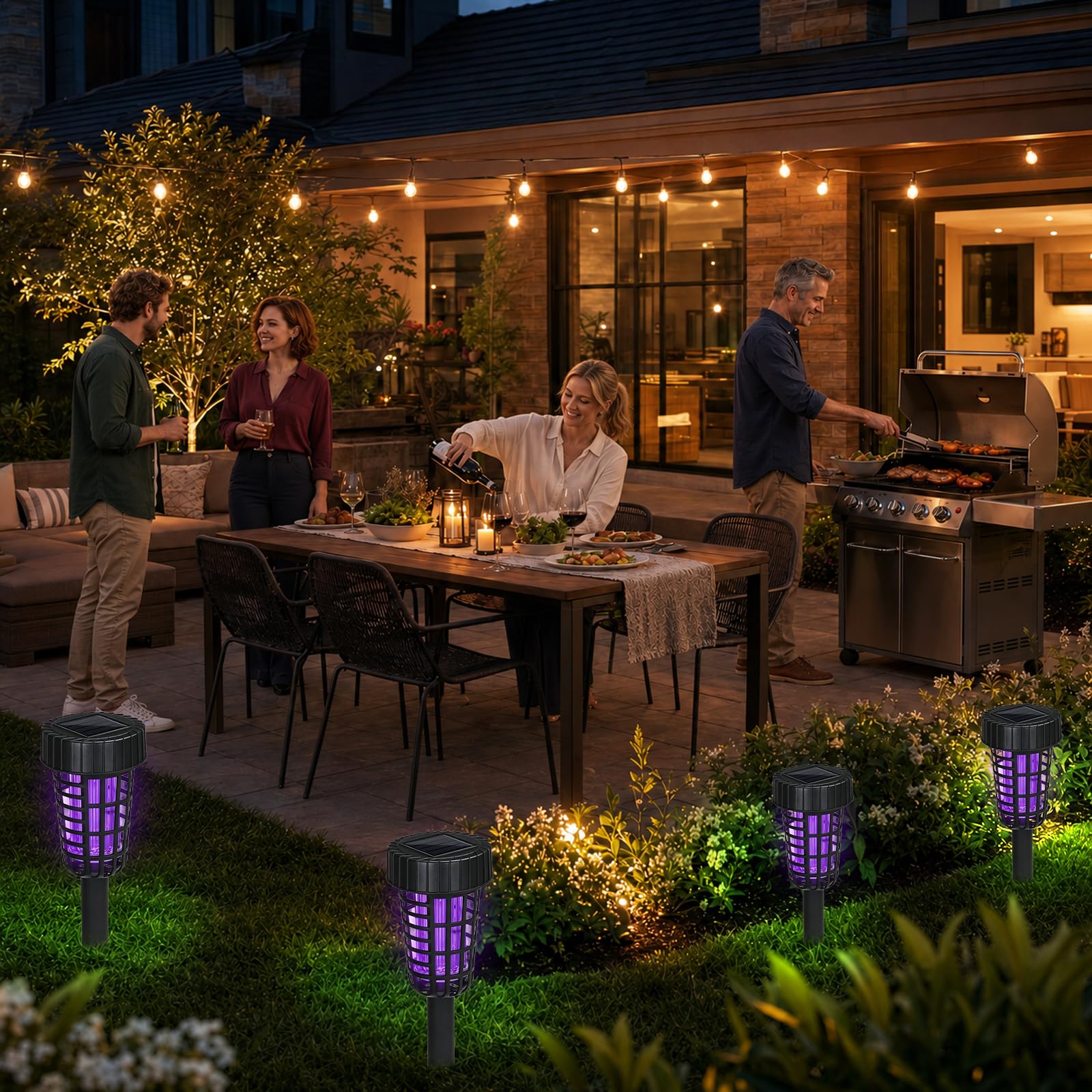 4 Pack Lampe Anti Moustique Solaire,IP65 Etanche Anti Moustique Exterieur,2 en 1 Appareil Anti Moustique UV-lumière et Eéclairage Défense Jardin Extérieur Terrasse Courtyard Trail