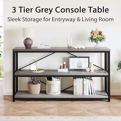 Miniatura 7 de LVB Mesa Consola Industrial de Granja, Mesas de Sofá de Entrada de Metal y Madera con Almacenamiento, Mesa de Entrada Rústica Larga de 3 Niveles