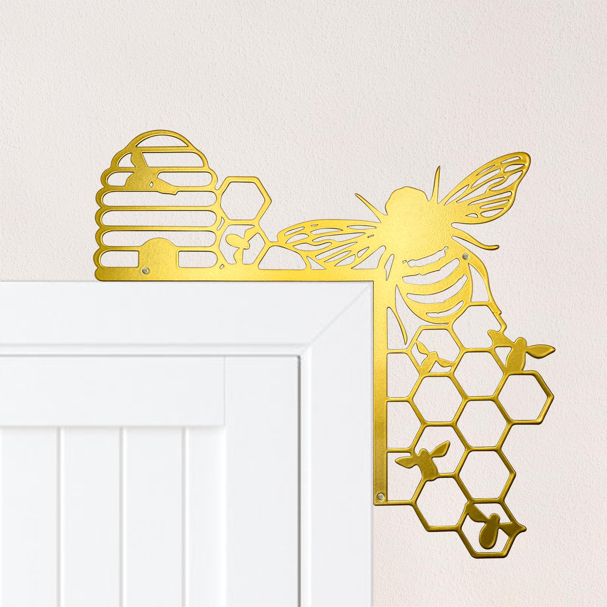Natrlart Gold Metal Bee Door Topper, Bee Decor Door Corner, Metal Bee Wall Art, Farmhouse Honey Bee Honey Comb Decor, Ideal For Friends Family|, For
