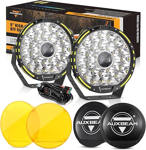 Auxbeam 360-PRO Luces de conducción LED, 9 pulgadas, 270 W, luces redondas para todo terreno con 2 cubiertas protectoras ámbarnegro, barra de luz