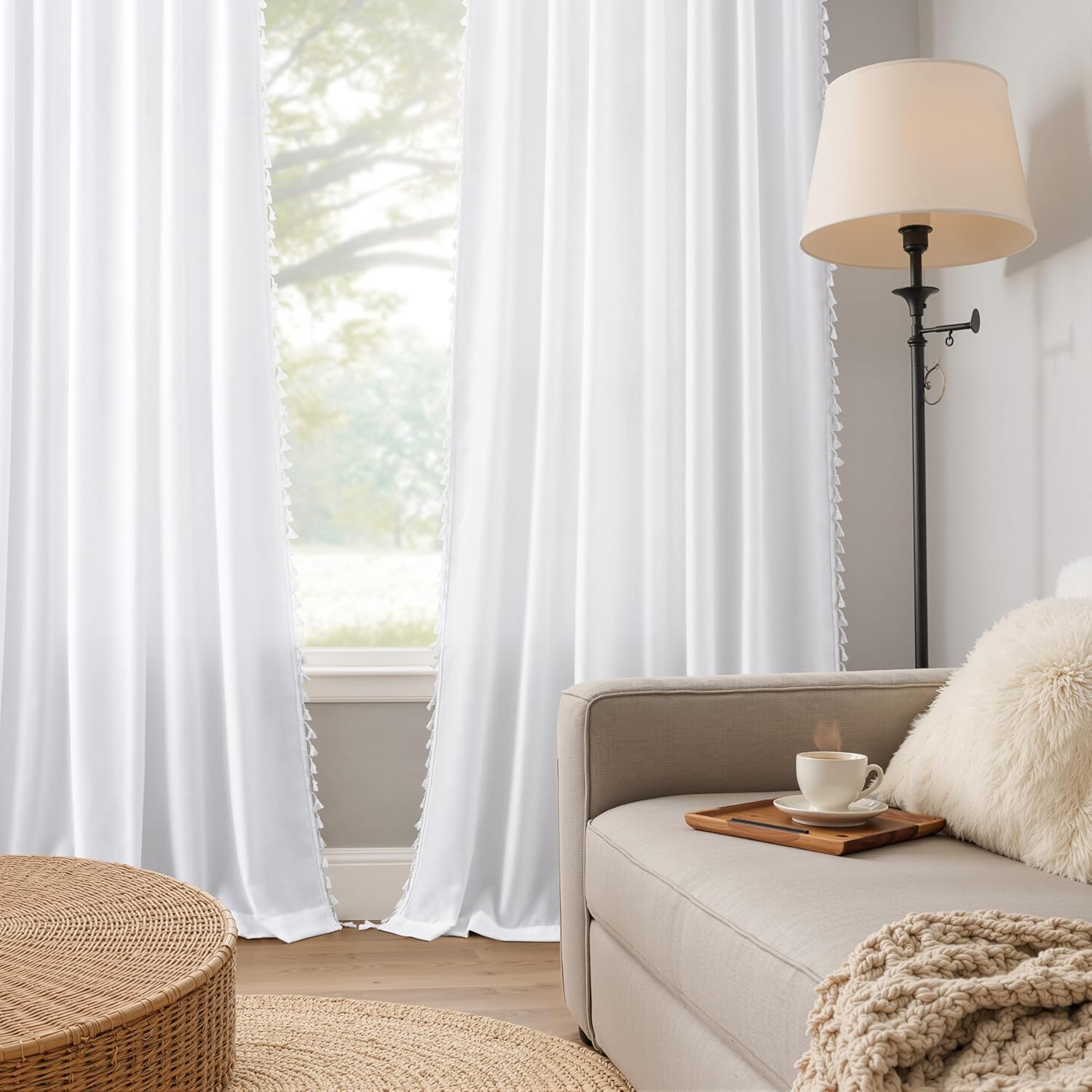 Naturoom White Boho Linen Curtains 90 Inch Length 2 Panels Farmhouse Window Curtain Back Tab Rod Pocket Top Curtains for Bedroom Bohemian Tassels Chic Drapes for Living Room Light Filering 52X90
