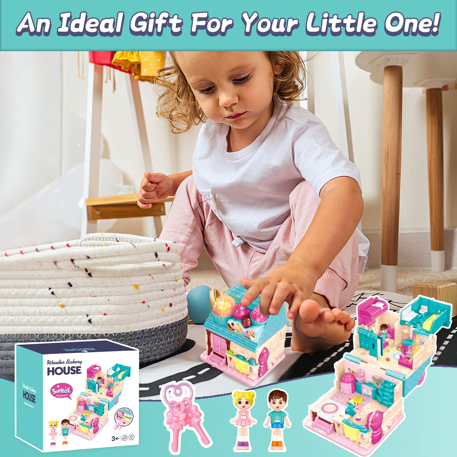 deAO 3D Casa de Muñecas, Dollhouse Panadería City Life Miniatura DIY Modelo Kit muñeca Niña 2 3 4 Años Adultos, Casita de Muñecas Amantes, Regalo de Cumpleaños