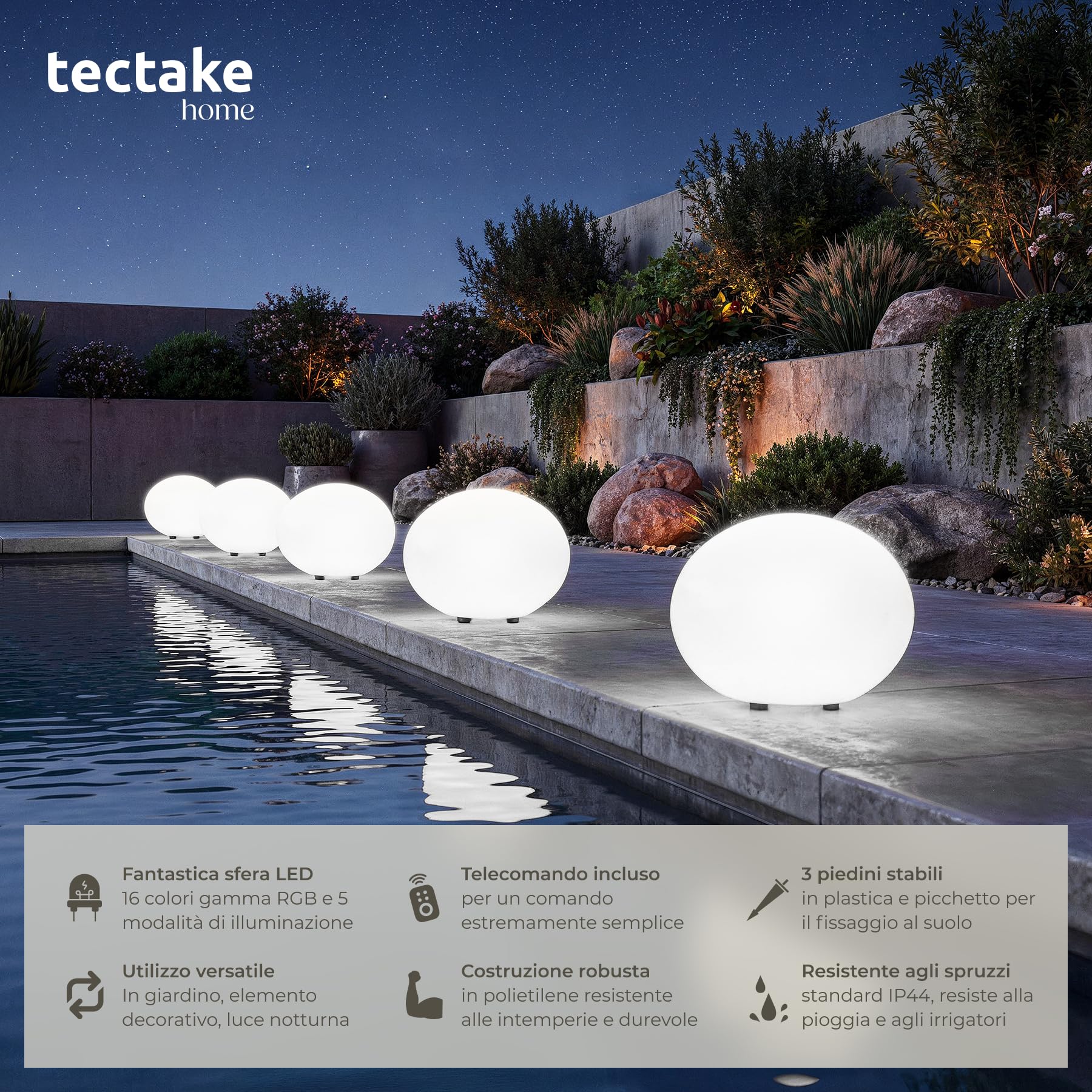 tectake® Lampada da terra Sfera LED, luce RGB da esterno e interno, telecomando, 16 colori, 1200 lumen, IP44 water proof, polietilene, luci giardino arredo esterno, piedini - L - Ø 35 x 27,5 cm