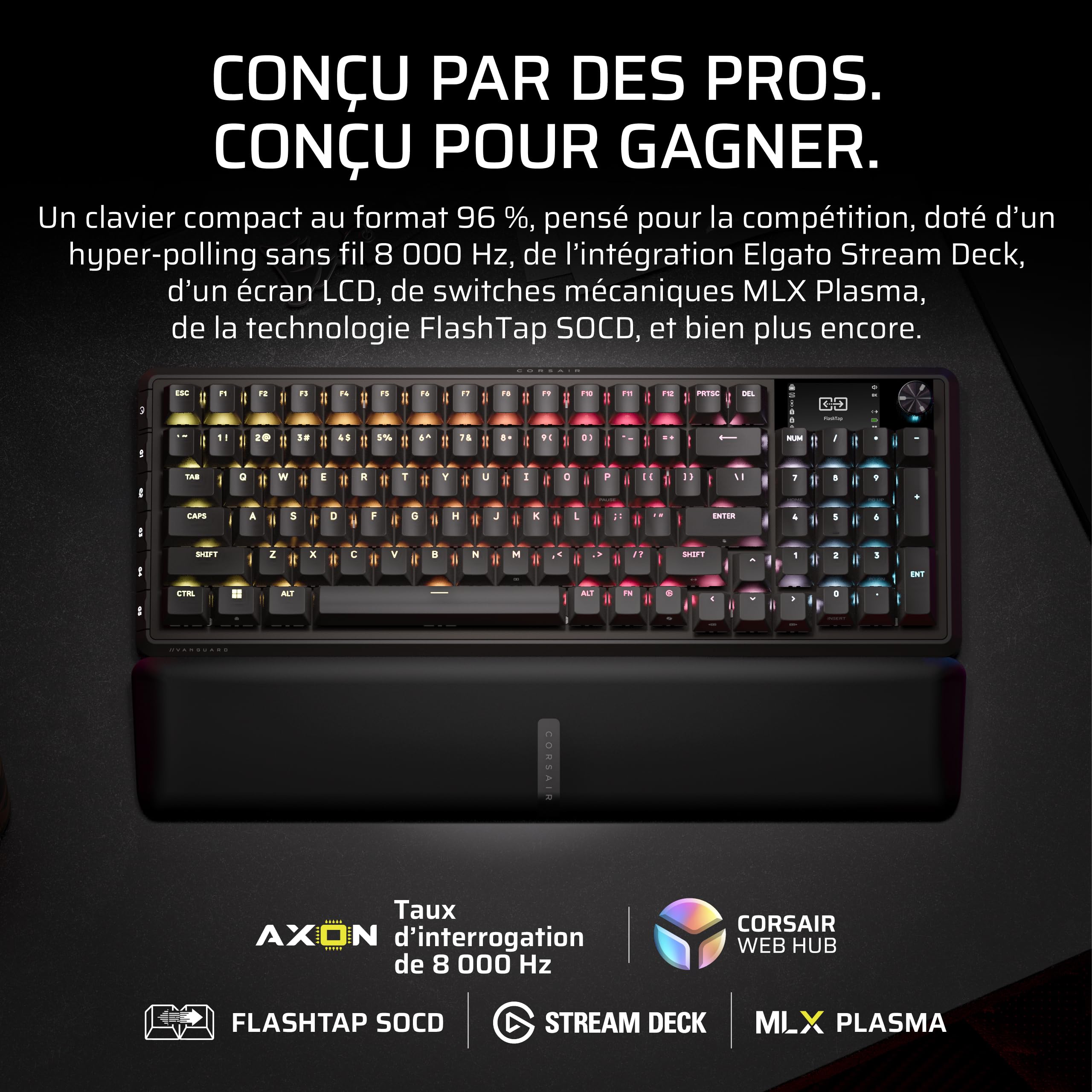Corsair Vanguard 96 sans Fil Hall Effect Clavier de Jeu (AZERTY FR) – Noir | Magnétique Mécanique, 96%, MLX Plasma Commutateurs, Interrogation 8 000 Hz, Rapid Trigger, Stream Deck Virtuel, SOCD Flashtap