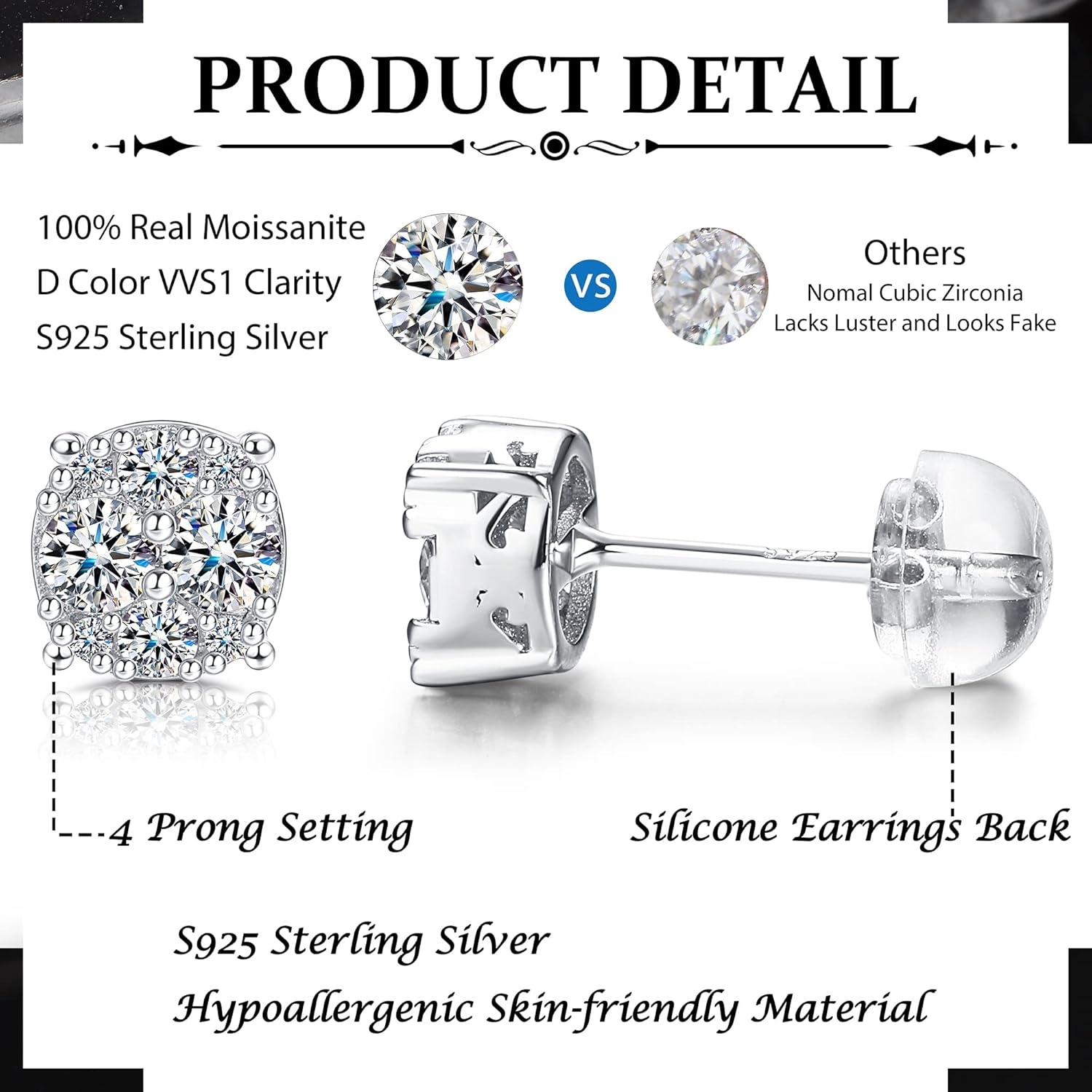 Moissanite Stud Earrings 18K White Gold Plated 925 Sterling Silver Moissanite Stud Earrings with Silicone Back for Women Men 1/2Ct Brilliant Round Cut D Color VVS1 Clarity - Image 4