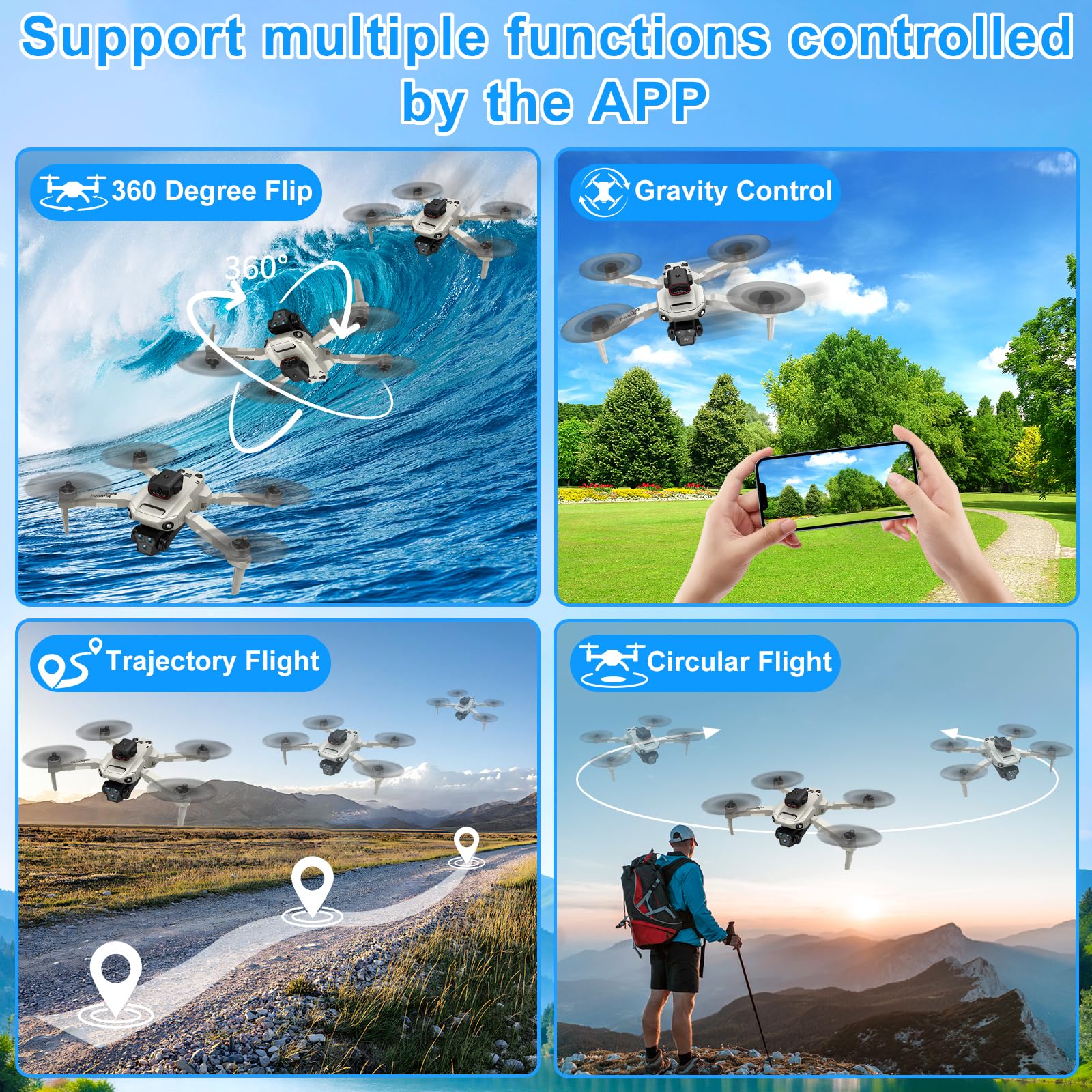 Drone Con Telecamera 4K, Drone Pieghevole, Motore Brushless, Quadricottero FPV WiFi, Volo A Traiettoria, 3D Flip, Decollo/Atterraggio 1 Tasto, per Bambini o Novizi, 2 Batterie
