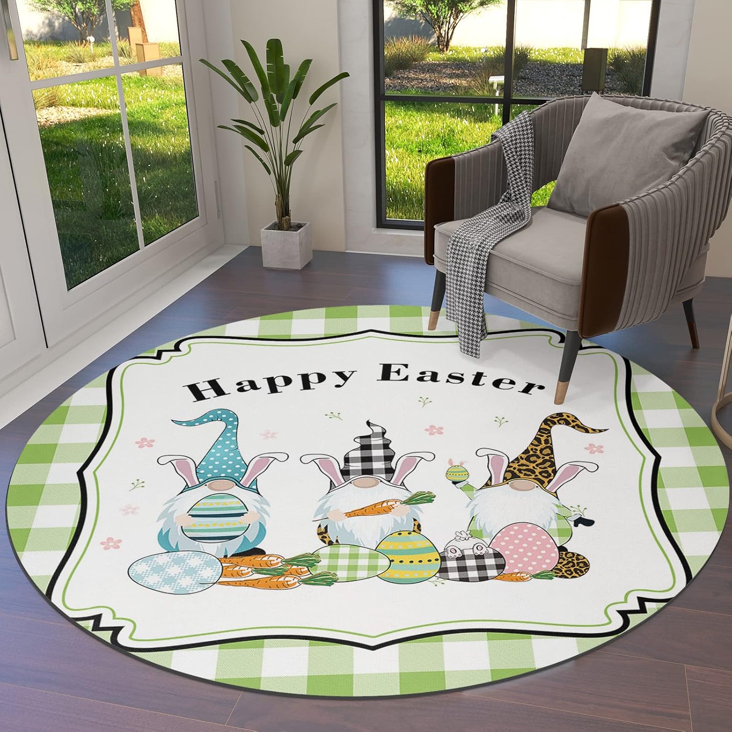 Round Area Rugs Collection 4', 3 Cute Easter's Plaid Gnomes Check Egg Buffalo Border Indoor Circular Throw Runner Rug Floor Mat Carpet for Living Room Bedroom Nursery Geometric Egg Buffalo Border