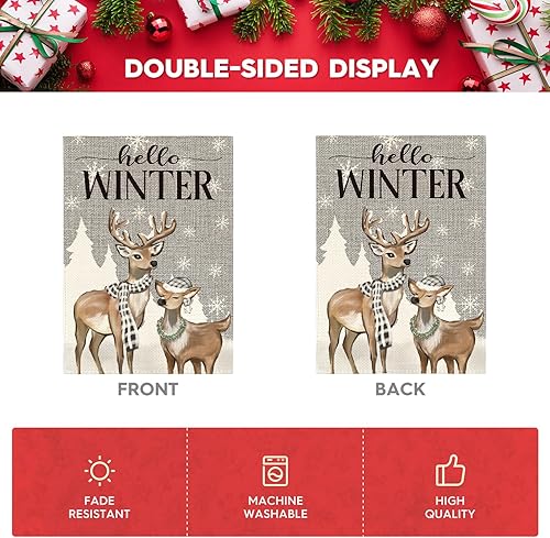 Miniatura 7 de AVOIN colorlife Bandera de casa de copo de nieve con renos de invierno de 28 x 40 pulgadas, de doble cara, bandera decorativa de invierno rústica de
