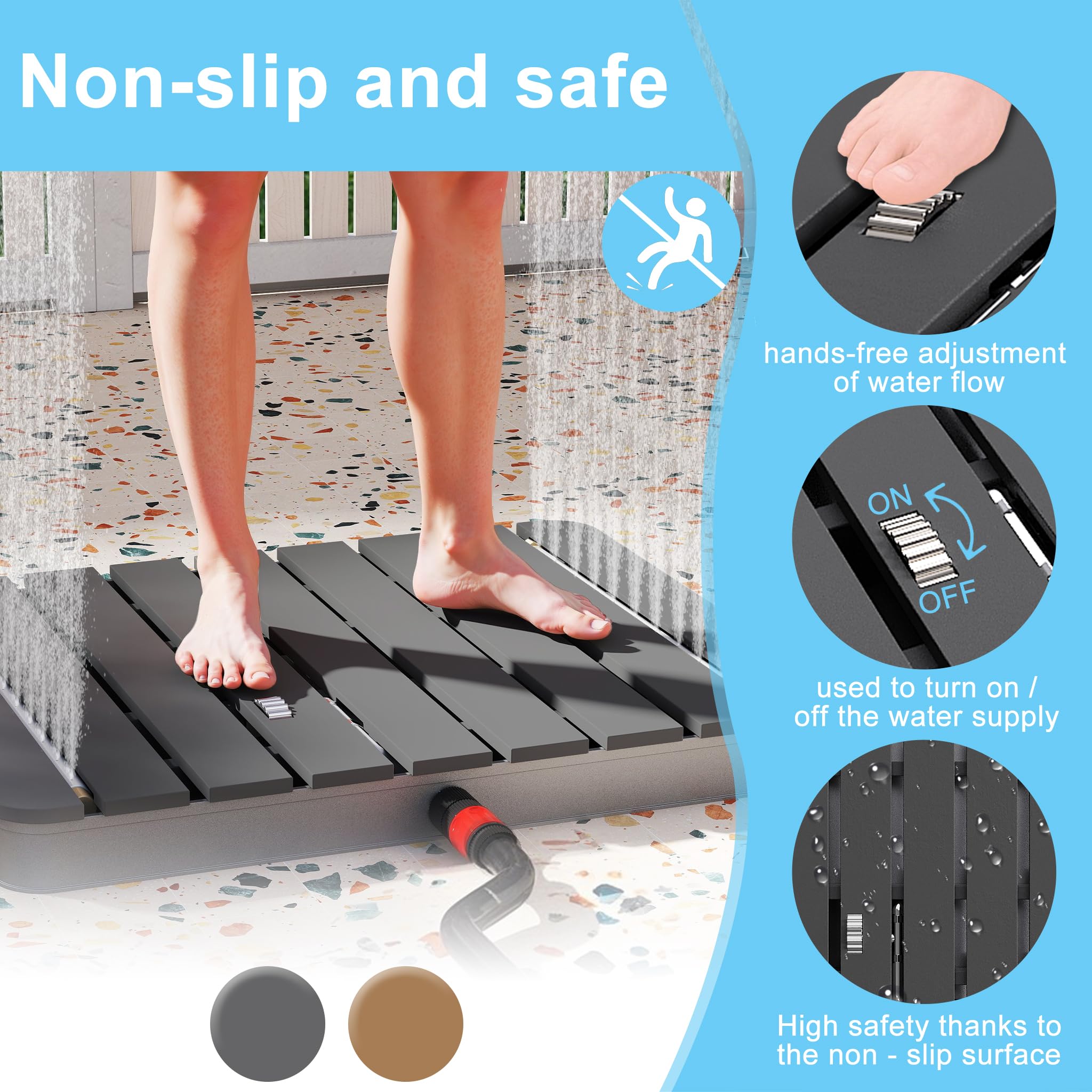 XMTECH WPC - Ducha de jardín antideslizante para exteriores, ducha de camping, ducha exterior, cartucho de sauna, 70 x 55 cm, rectangular, para camping, jardín, piscina, ducha con rueda de pie