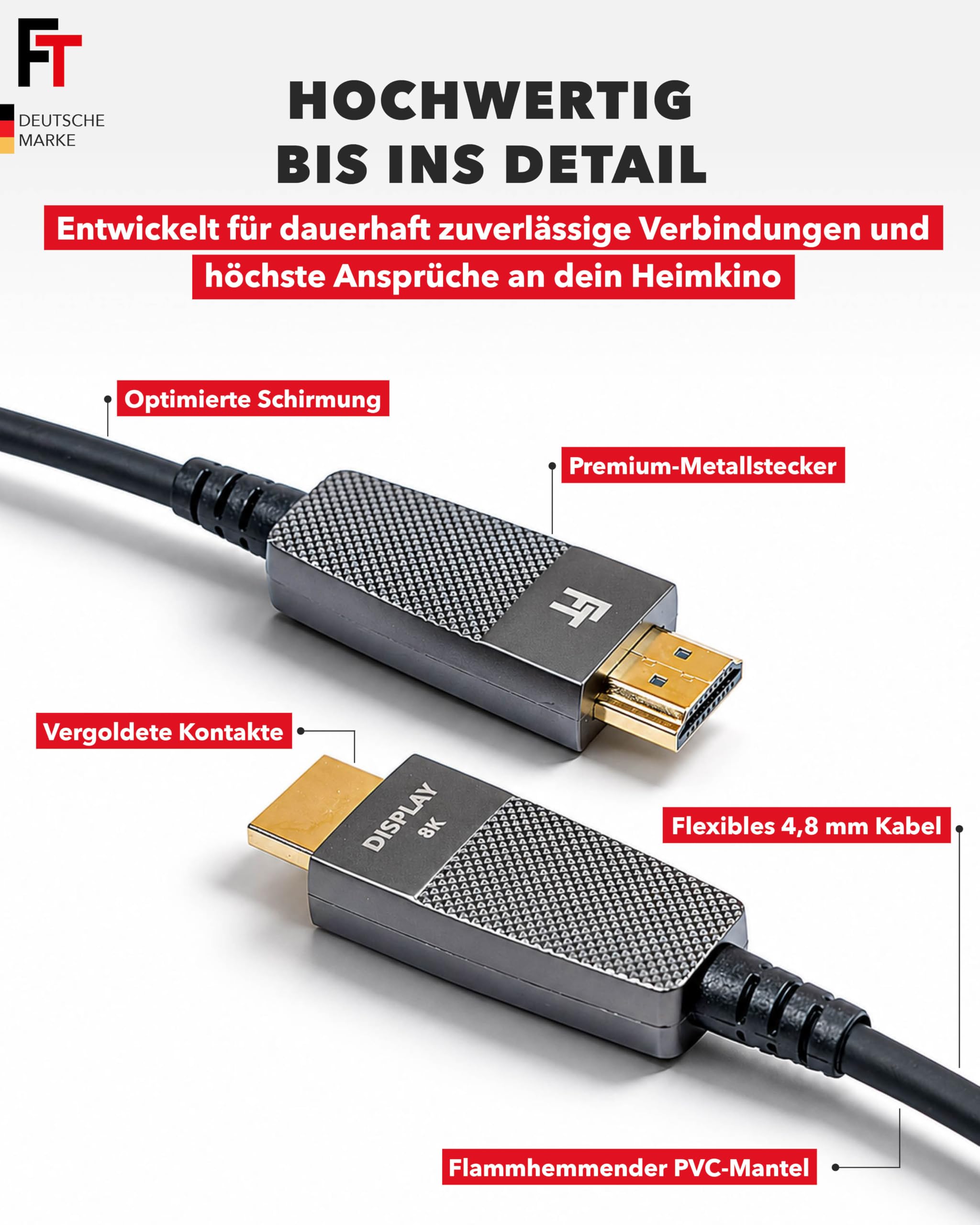 FeinTech ProAqtive HDMI Glasfaserkabel 12m Hybrid-Kabel AOC Fibre 8K 60Hz 4K 240Hz 48Gbps eARC CEC, kompatibel mit TV, PC, Xbox, PS5