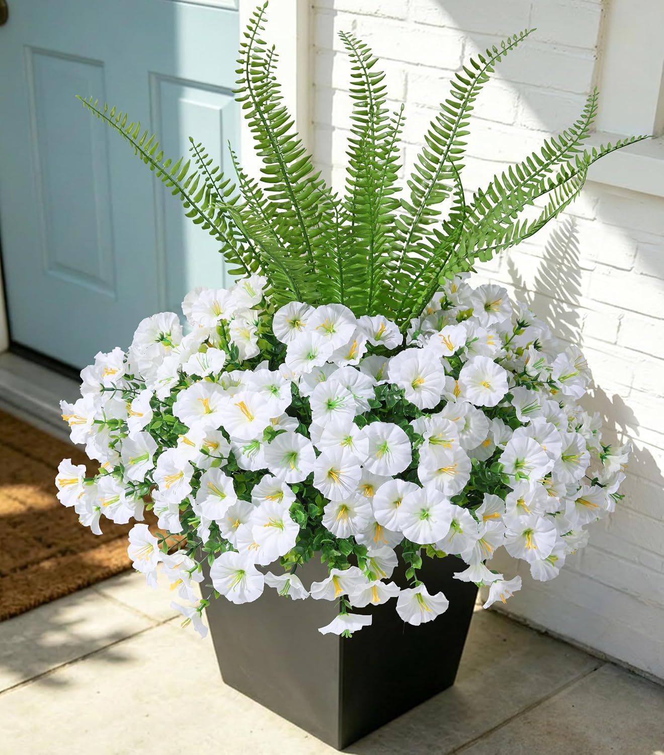 INSPRING White Artificial Morning Glory Flowers with Eucalyptus & Fern, 12 Bunches UV Resistant Faux Plants, Pure White Fake Flowers for Indoor Outdoor Home Patio Garden Yard Porch Decor
