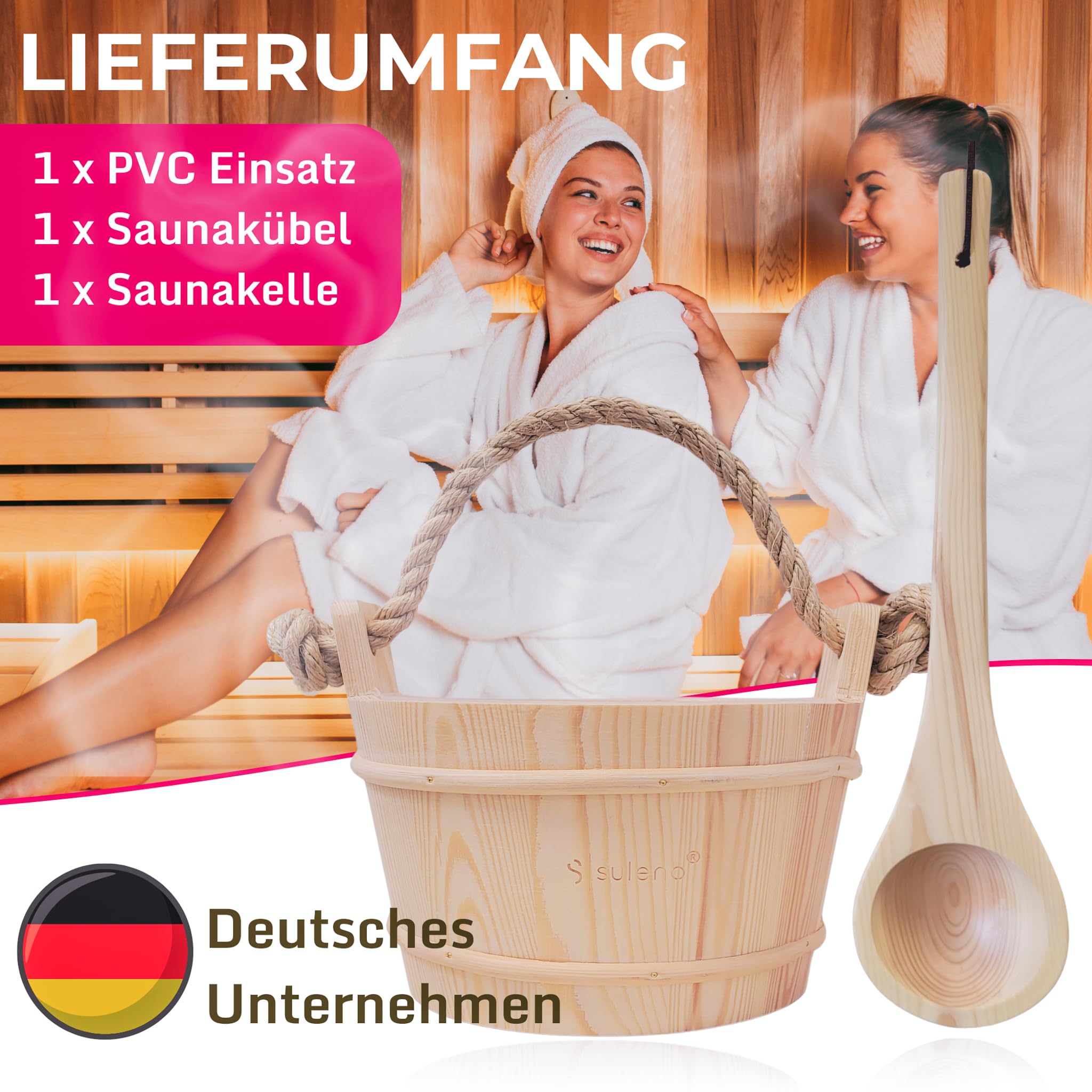 Suleno Sauna Zubehör Set - Saunaeimer mit Kelle aus Nadelholz, PVC-Einsatz, Auslaufsicher, Naturholz, Extralange & tropffreie Saunakelle, Aufgusseimer Set, Hochwertiges Sauna Set 3-teilig