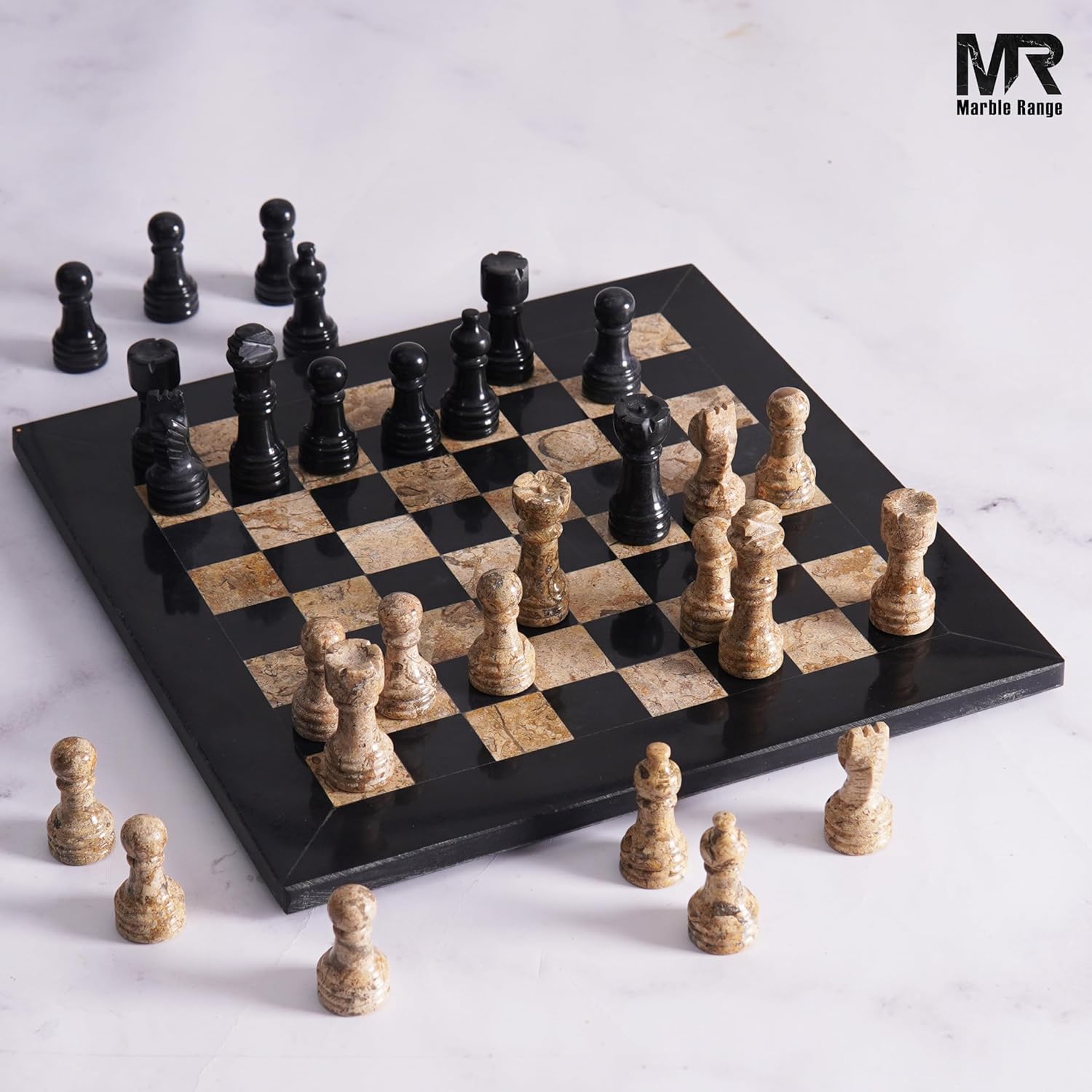 Marble Chess Set for Adults 10" Handmade Black & Coral Board Game with 32 Chess Pieces, 2 Extra Queens & Storage Box, Luxury Travel Game, Elegant for Home Decor