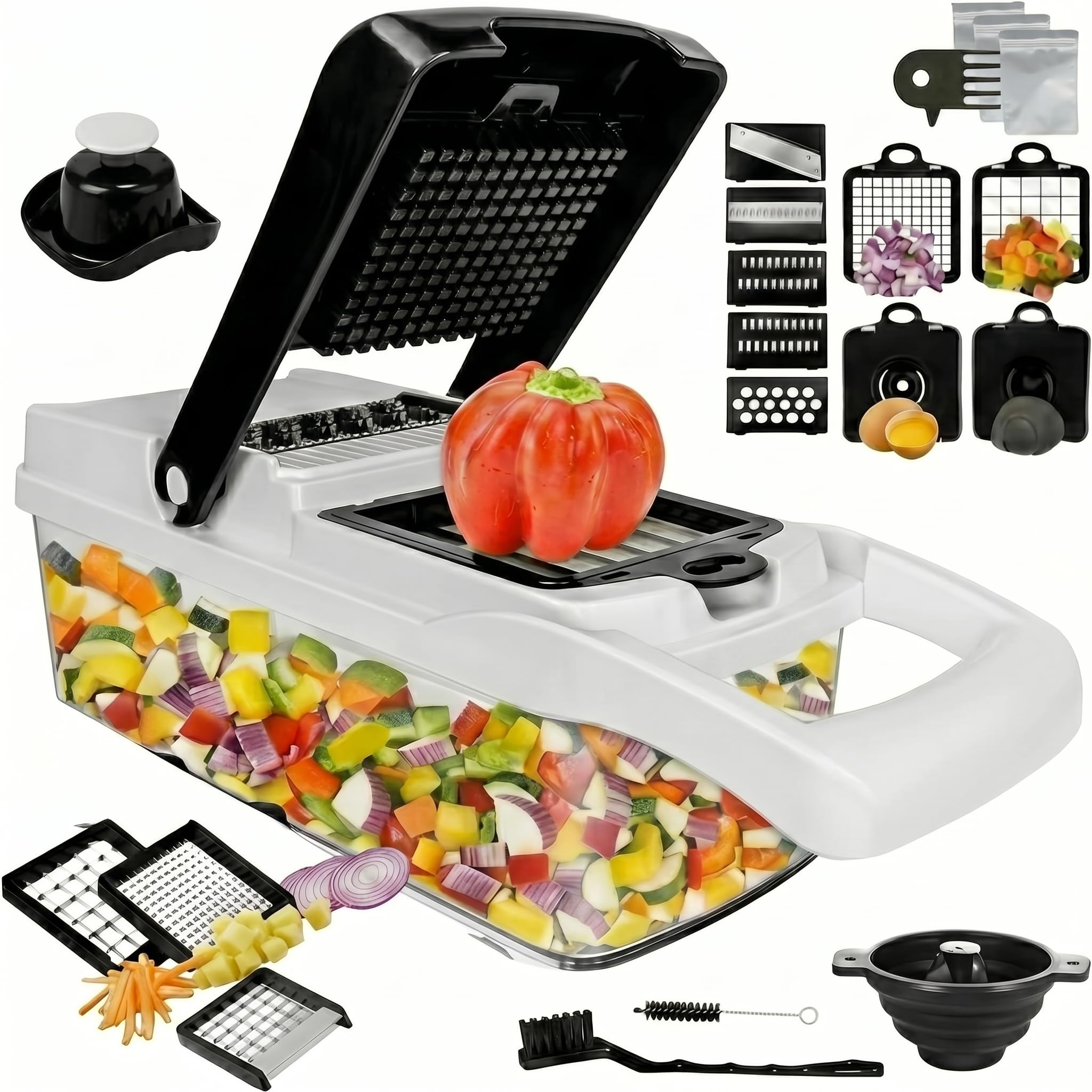 18-in-1 Multifunctional Vegetable Chopper with Container, Kitchen Mandoline Slicer, Cheese Grater, Dicer & Potato Cutter, Stainless Steel Blades, Hand Guard & Drain Basket for Salad Onion Fruit