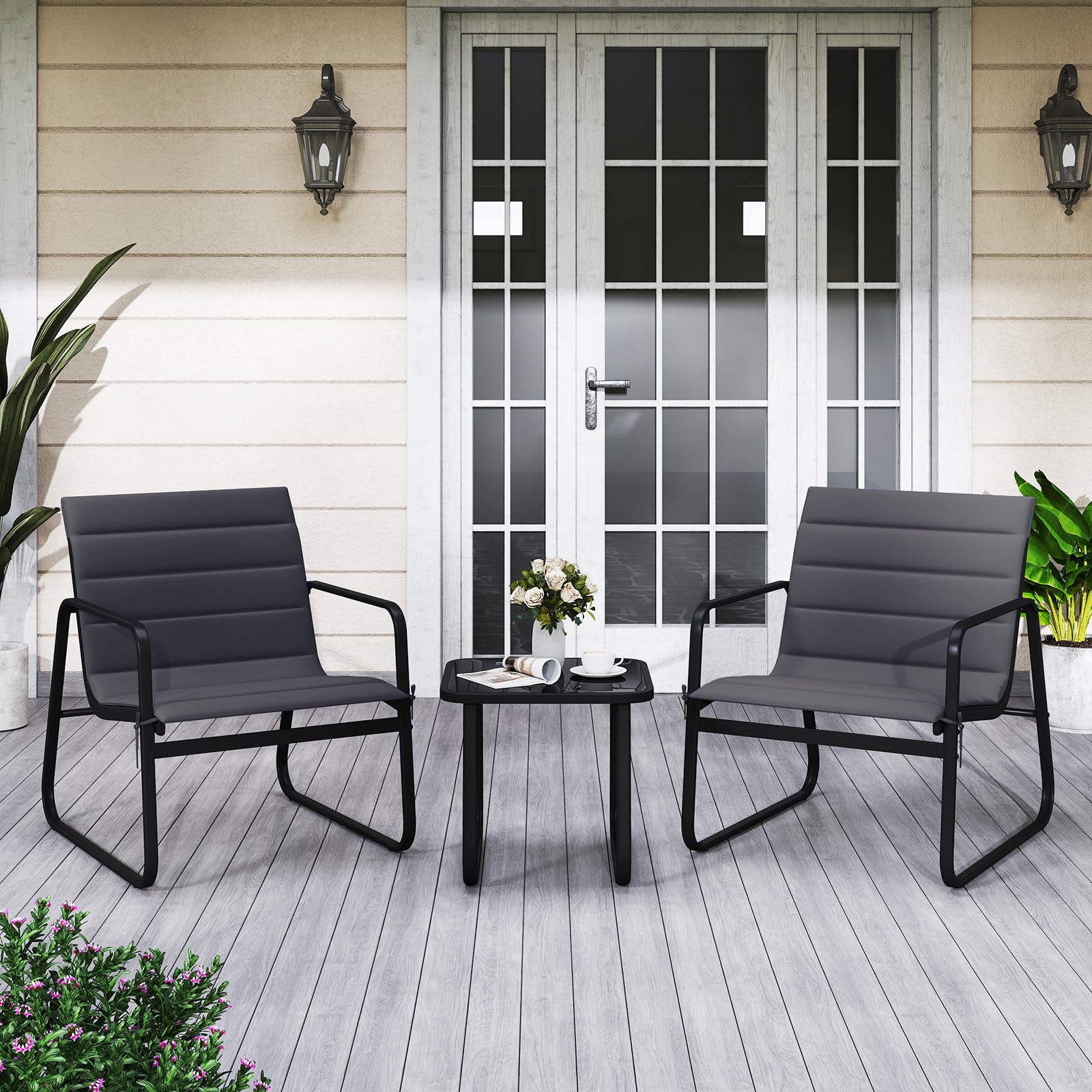 COSTWAY Set Tavolino e Sedie da Giardino, Set Bistrò 3 Pezzi con Cuscini Rimovibili, Tavolo in Vetro Temperato, Struttura in Metallo, per Patio, Cortile e Piscina (Modello 3)