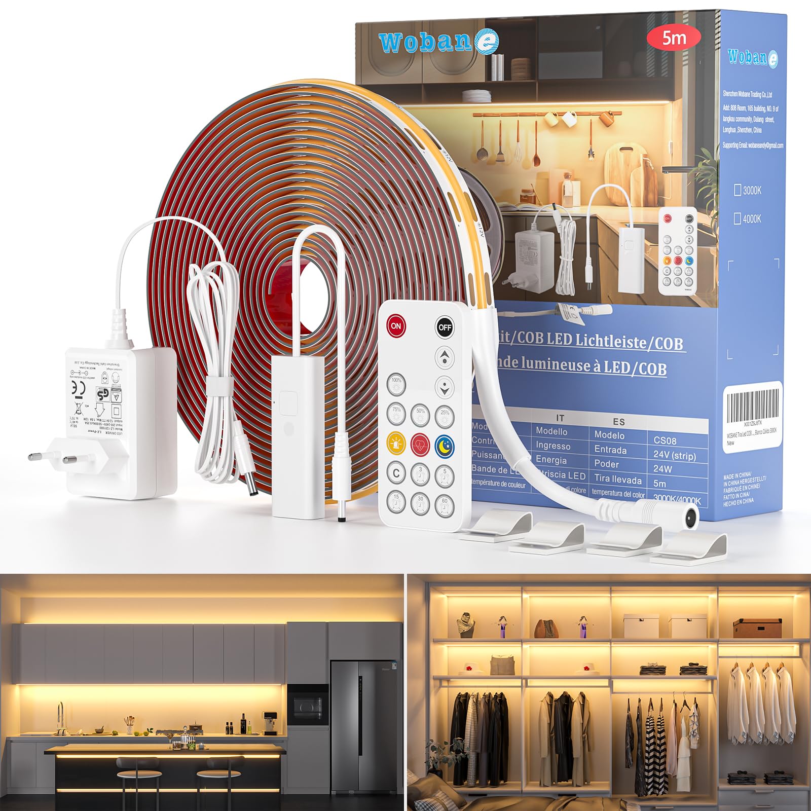 WOBANE Striscia LED COB 5 m 24 V, striscia led dimmerabile con telecomando, CRI 90+, 320 LEDs/M, striscia led continua adesiva con spina per cucina, camera da letto, armadio, specchio, TV, bianco
