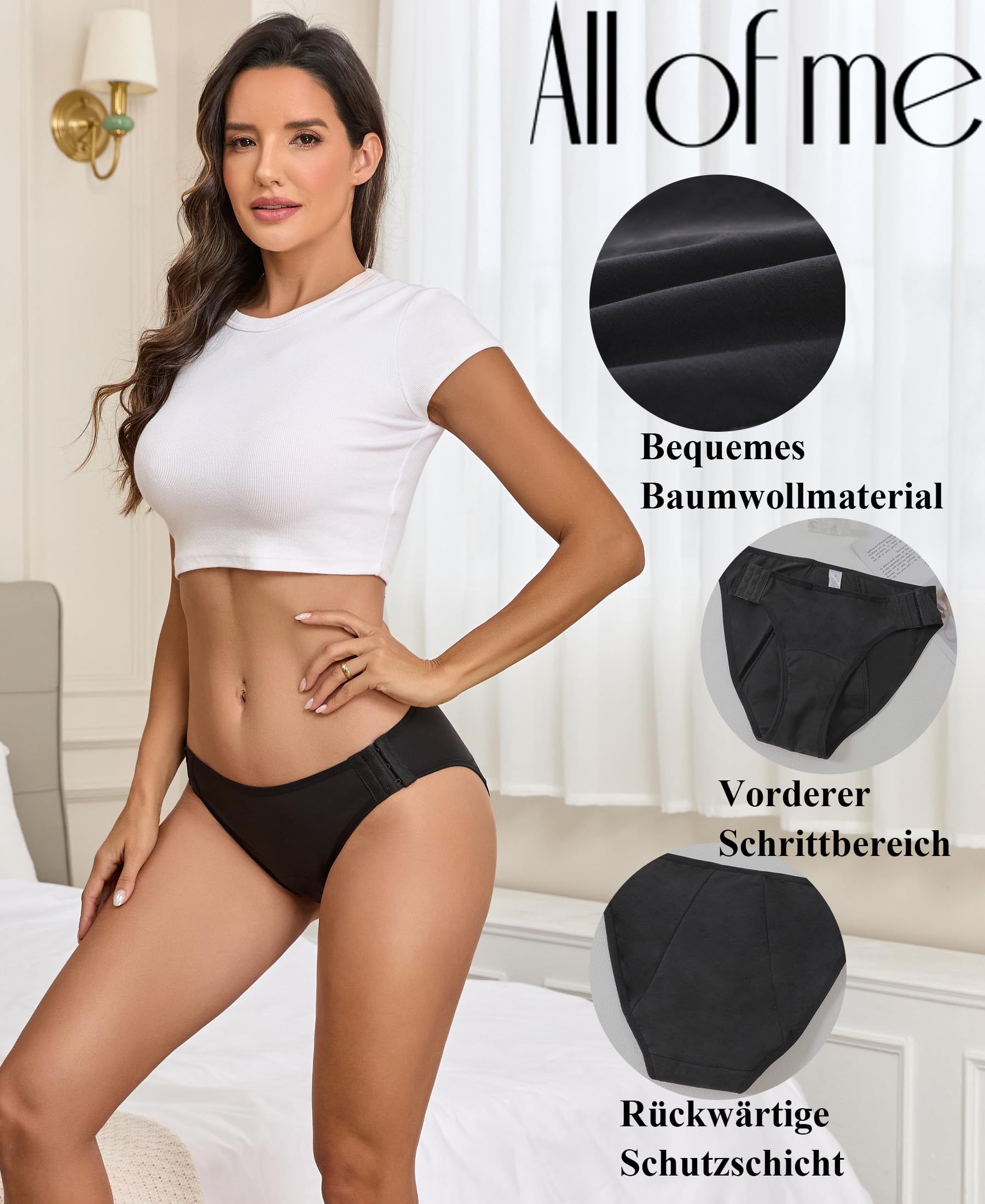 ALL OF ME Periodenunterwäsche Damen Starke Blutung (60ml) Baumwoll Unterwäsche Atmungsaktiv Menstruation Verstellbar Unterhosen Slips