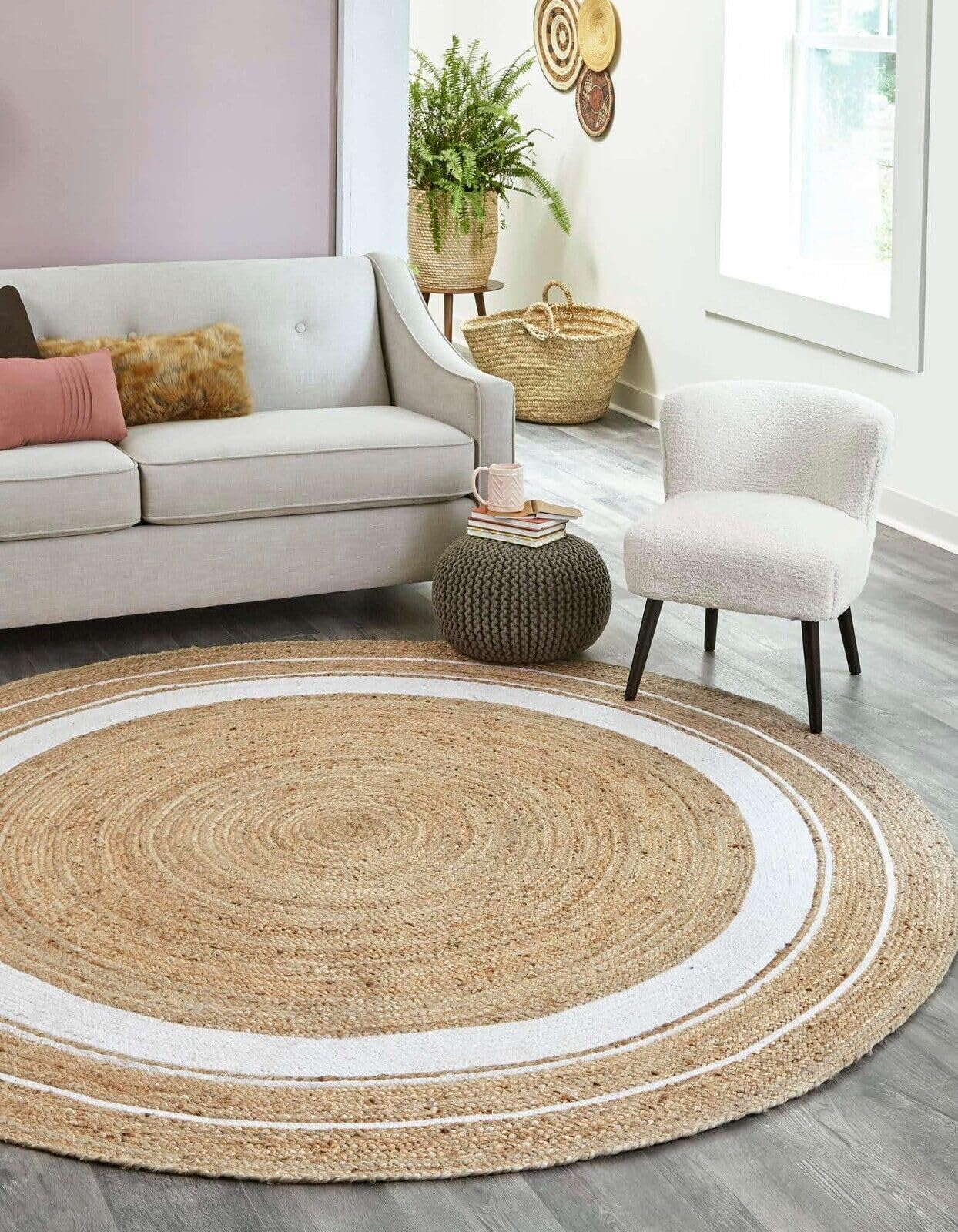 Tapis rond en jute tressé main beige et blanc de 330 cm de diamètre pour grand salon