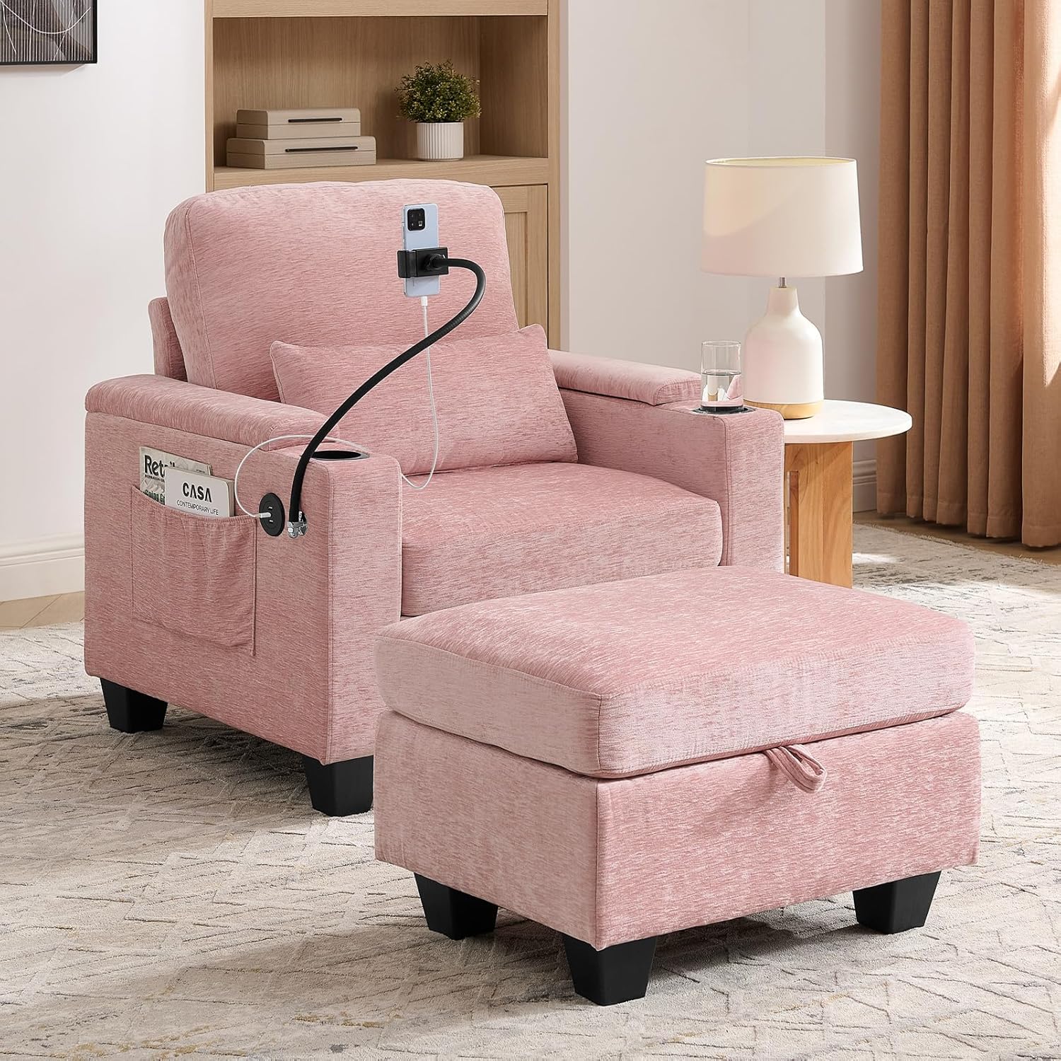 37" Chaise Lounge Chair with Ottoman, Oversized Single Reading Accent Comfy Chenille Sofa Chair with Storage & USB Charging, Adjustable Backrest Recliner Chaise w/ Phone Holder & Cup Holders, Pink