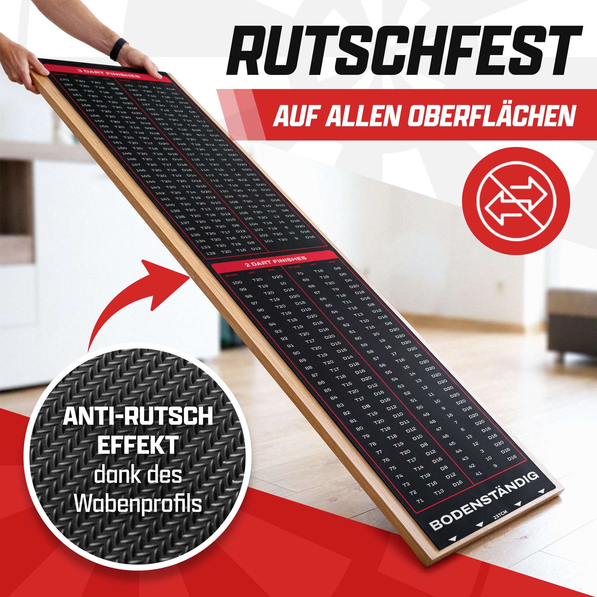 Bodenständig – Wurfmatte für Darts mit Abwurflinie, Punkteleiste & Schutz