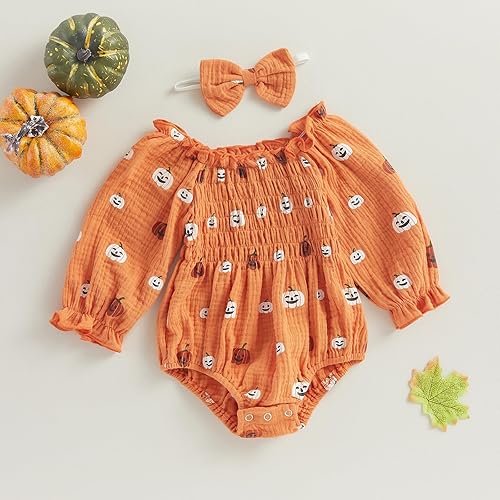 Miniatura 3 de farrubbyine8 Traje de Halloween para bebé niña, lindo mameluco de calabaza de manga larga, traje de primer Halloween, ropa de bebé niña