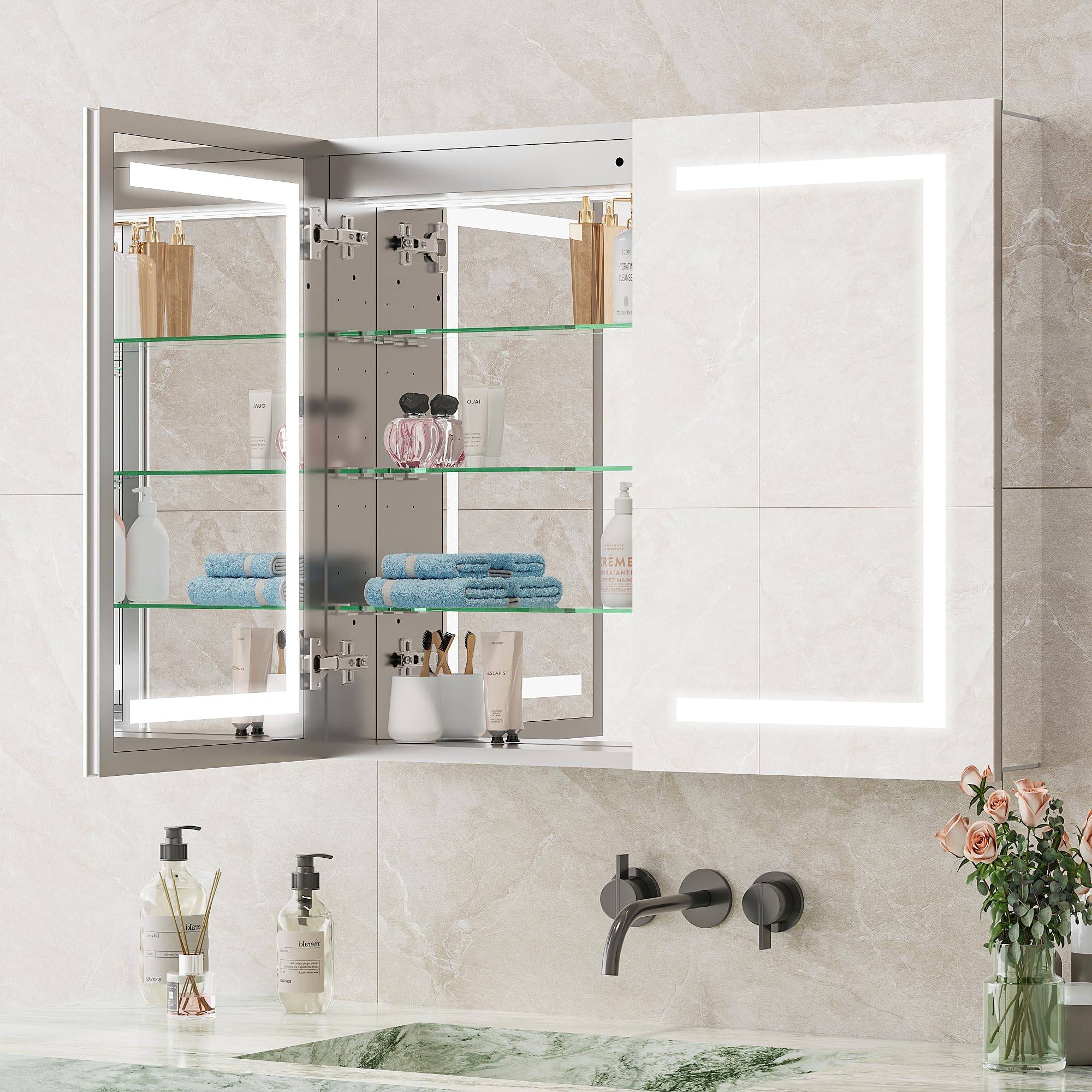 Armoire Salle De Bain 100% préinstallé avec Miroir LED Double Porte, Anti-Buée, Prise & USB, Étagères Réglables, Miroir Salle de Bain avec Rangement 80x60cm – Aluminium Inoxydable