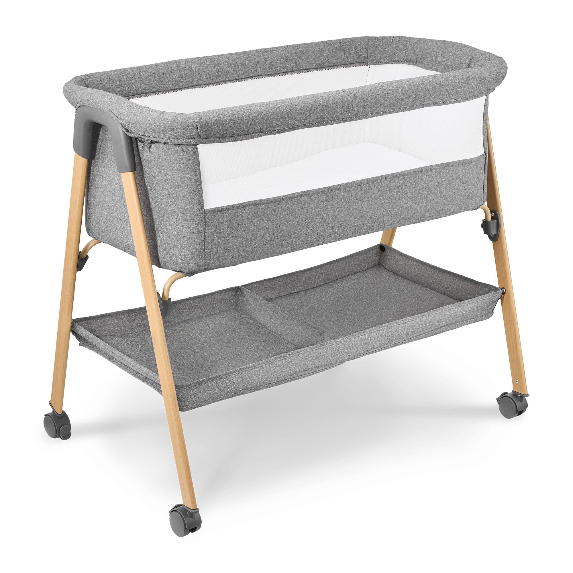Moby-System Lit Bébé avec Matelas - Berceau Pliant 0-6 Mois - Gris Mélange - Respirant, Léger, Mobile avec roulettes et Freins, Pliable avec Panier de Rangement - LOZ Mili