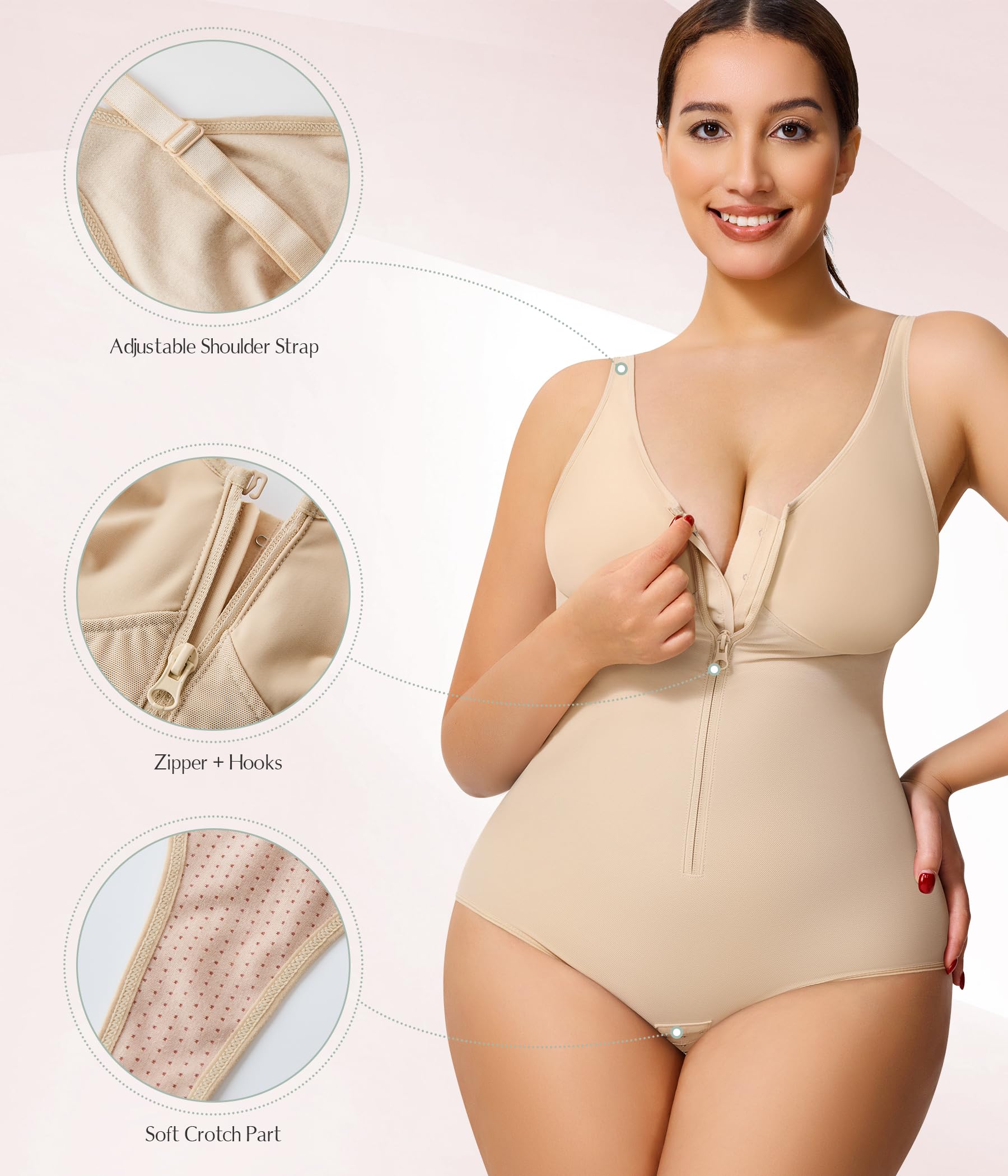 MERYOSZ Body moldeador para mujer, con control de abdomen, cuello en V, cremallera y cintura