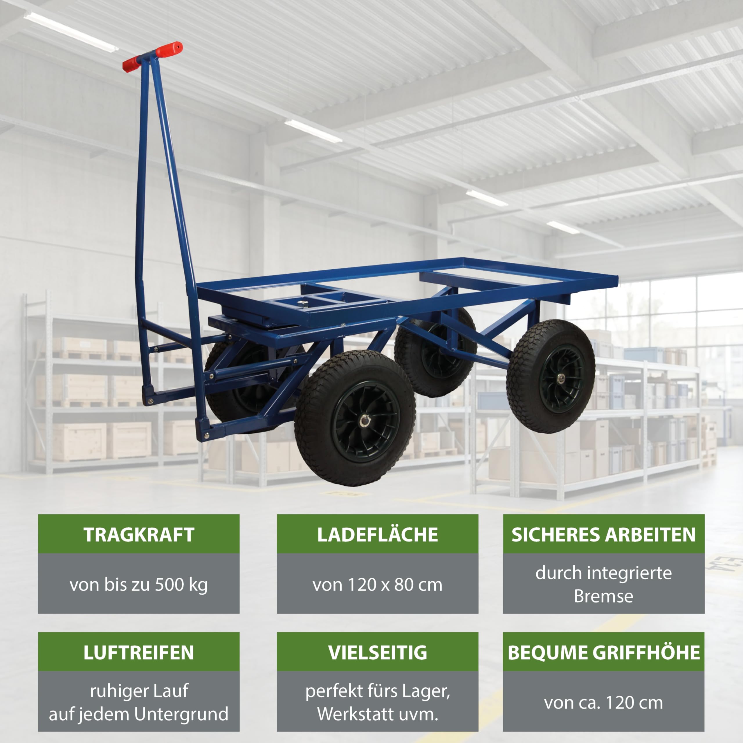 TRUTZHOLM XXL Profi Plattformwagen Palettenwagen 120x80 cm Ladefläche Palettenmaß | 500kg | mit Bremse | Transportwagen Magazinwagen Schiebebügelwagen