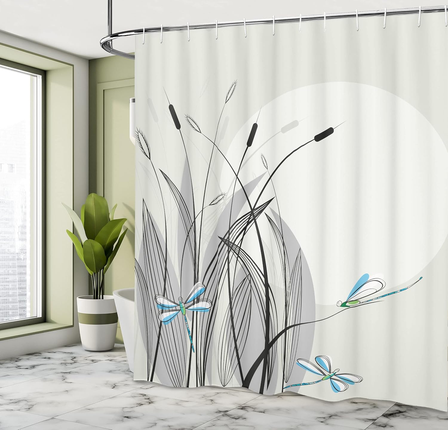 Ambesonne Dragonfly Shower Curtain, Dragonflies on Flowers and Branches Flourishing Nature Spring Time Predator Print, Cloth Fabric Bathroom Decor Set with Hooks, 69" W x 75" L, Beige Black
