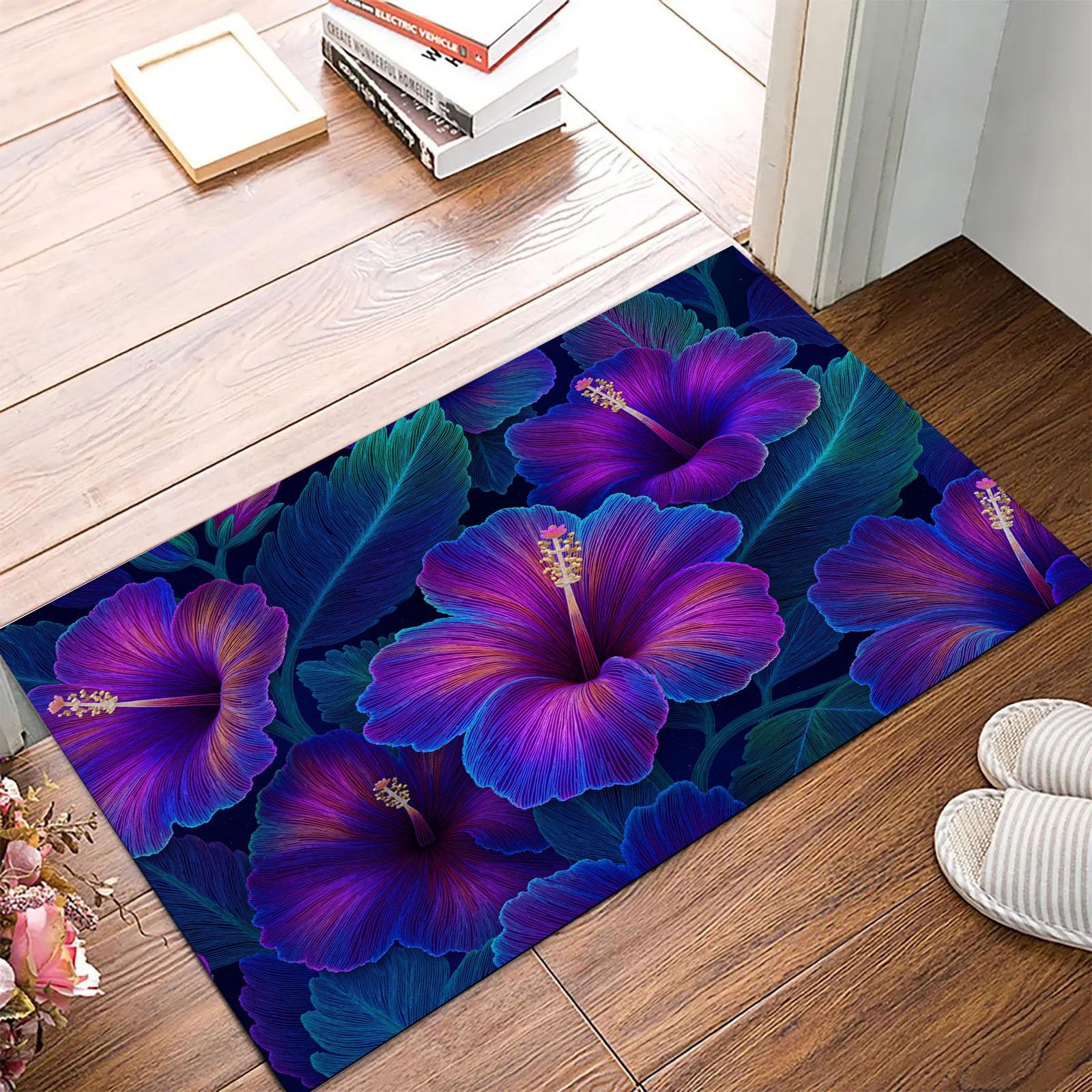Paillasson de intérieur Antidérapant, Tapis de Motifs Floraux Rétro Tropicaux, Tapis Salle de Bain Flanelle Douce, Absorbant l'eau, pour Cuisine (Irisé Hibiscus, 80x120cm