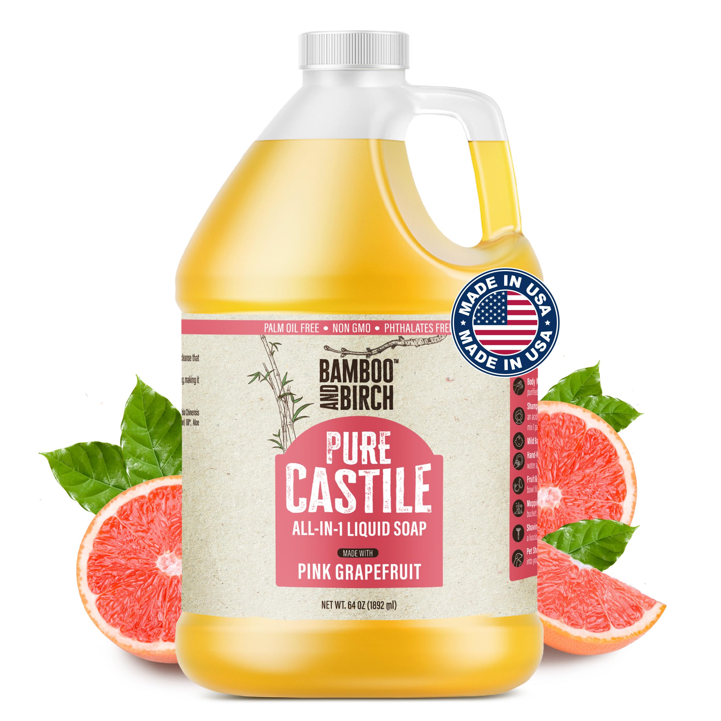 BAMBOO AND BIRCH Pure Castile Soap Liquid, Certified Palm Oil Free Natural Soap, Citrus Grapefruit, 64 oz