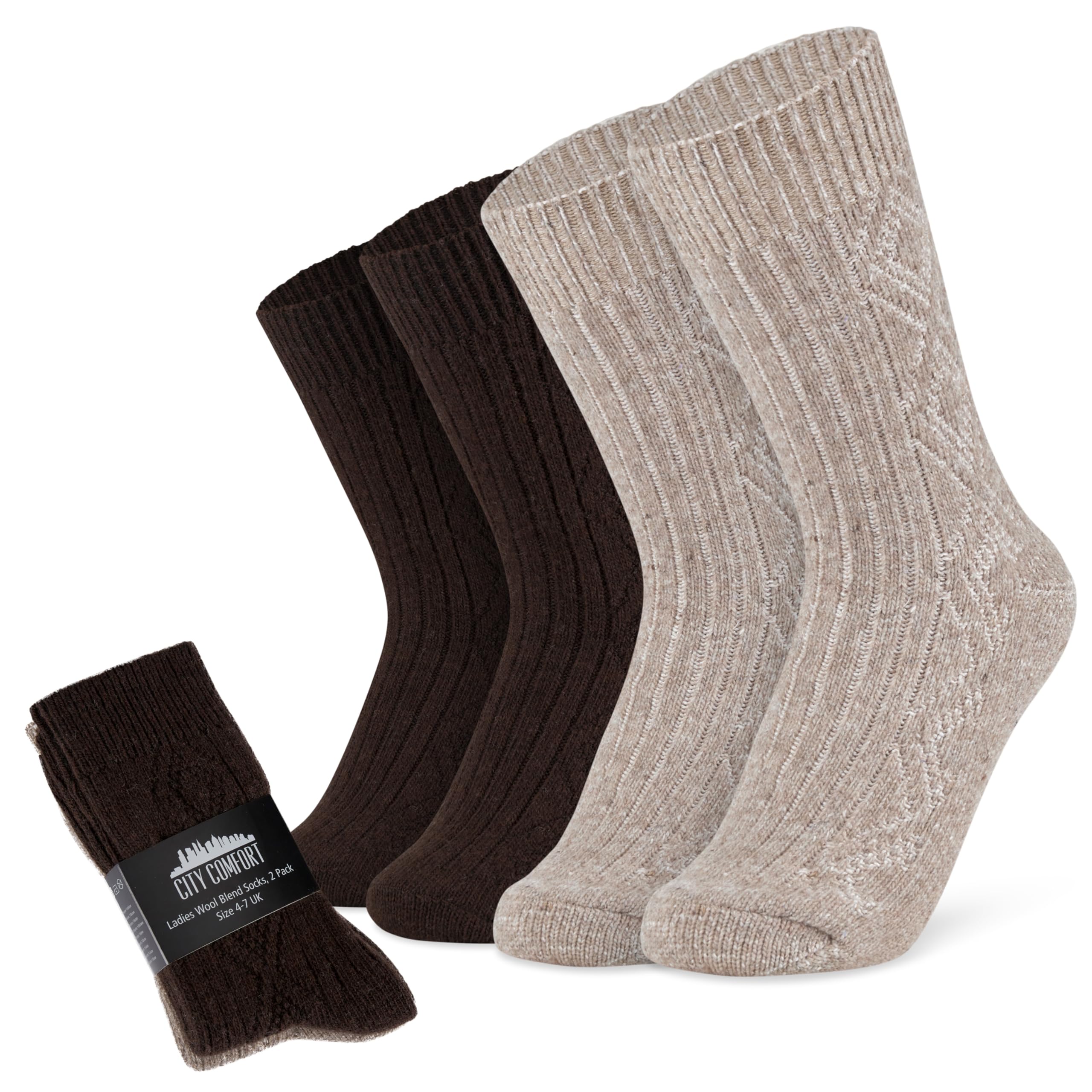 Citycomfort Women's Beige/Brown - Pack Of 2 Calf Socks, Multipack Of Wool Blend Socks - Gifts (/Brown, 8/11 Uk, 2 Pack)