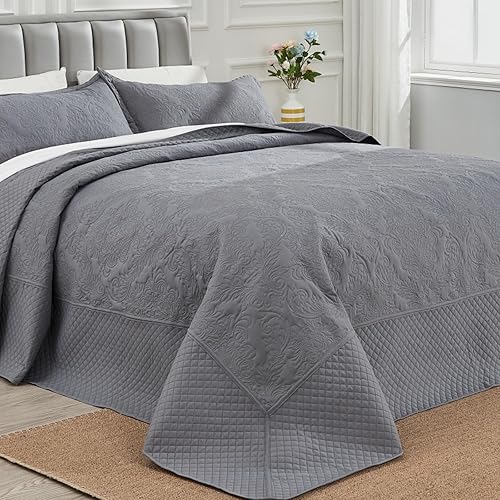 ENJOHOS Oversized King Quilt 120x120, California King Bedspread, Extra Wide Large King Size Quilts for Bed, Lightweight Reversible Microfiber 3Pieces Cal King Dark Grey Quilt
