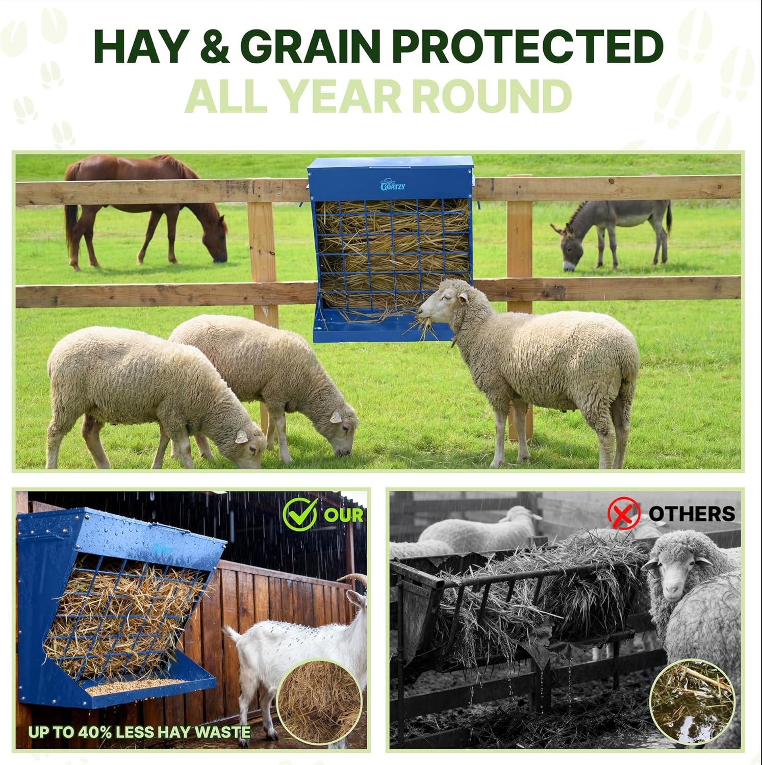 Wall Mount Hay Feeder for Goats, Covered Hay Feeder for Horses with Roof, 2in1 25 Gallon hay Rack & Grain, Hanging Hook on Fence Mount, Galvanized Steel Goat hay Feeder for Sheep Cattle - Blue