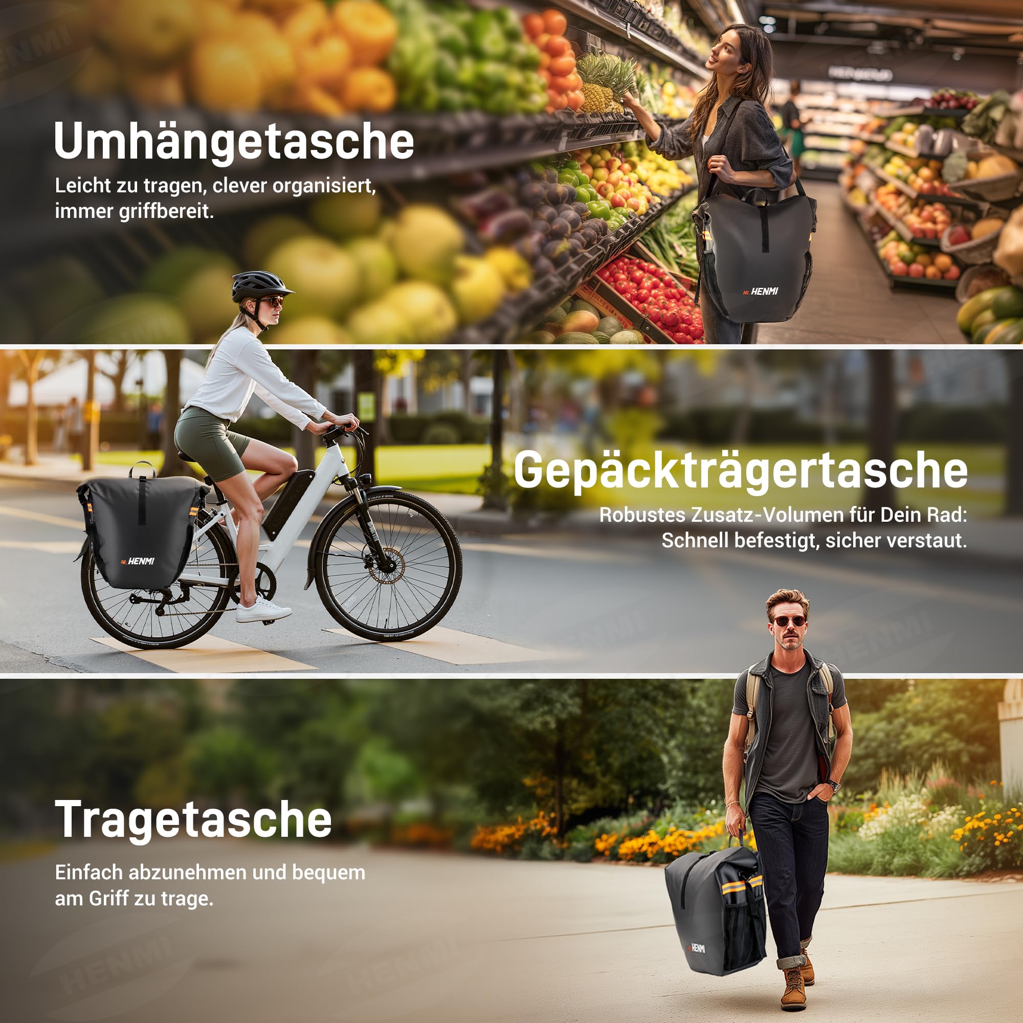HENMI Fahrradtasche für Gepäckträger, 37L Wasserdicht Fahrrad Gepäckträgertasche mit Reflektoren, 3 IN 1 Fahrrad Taschen Hinten mit Tragegriff Und Schultergurt